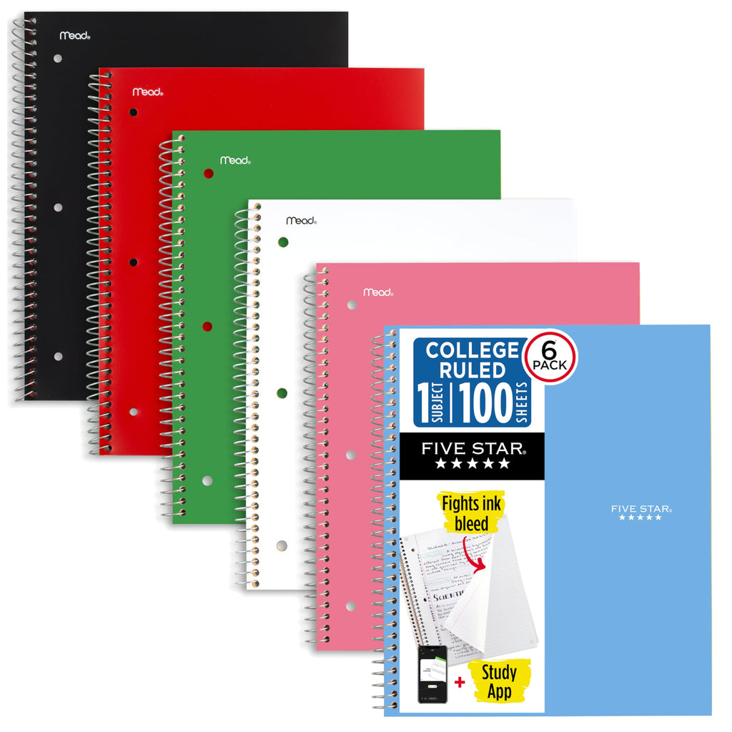 Five Star Spiral Notebook + Study App, 1 Subject, College Ruled Paper, 8.5" x 11", 100 Sheets, Assorted Colors, 6 Pack (38052)