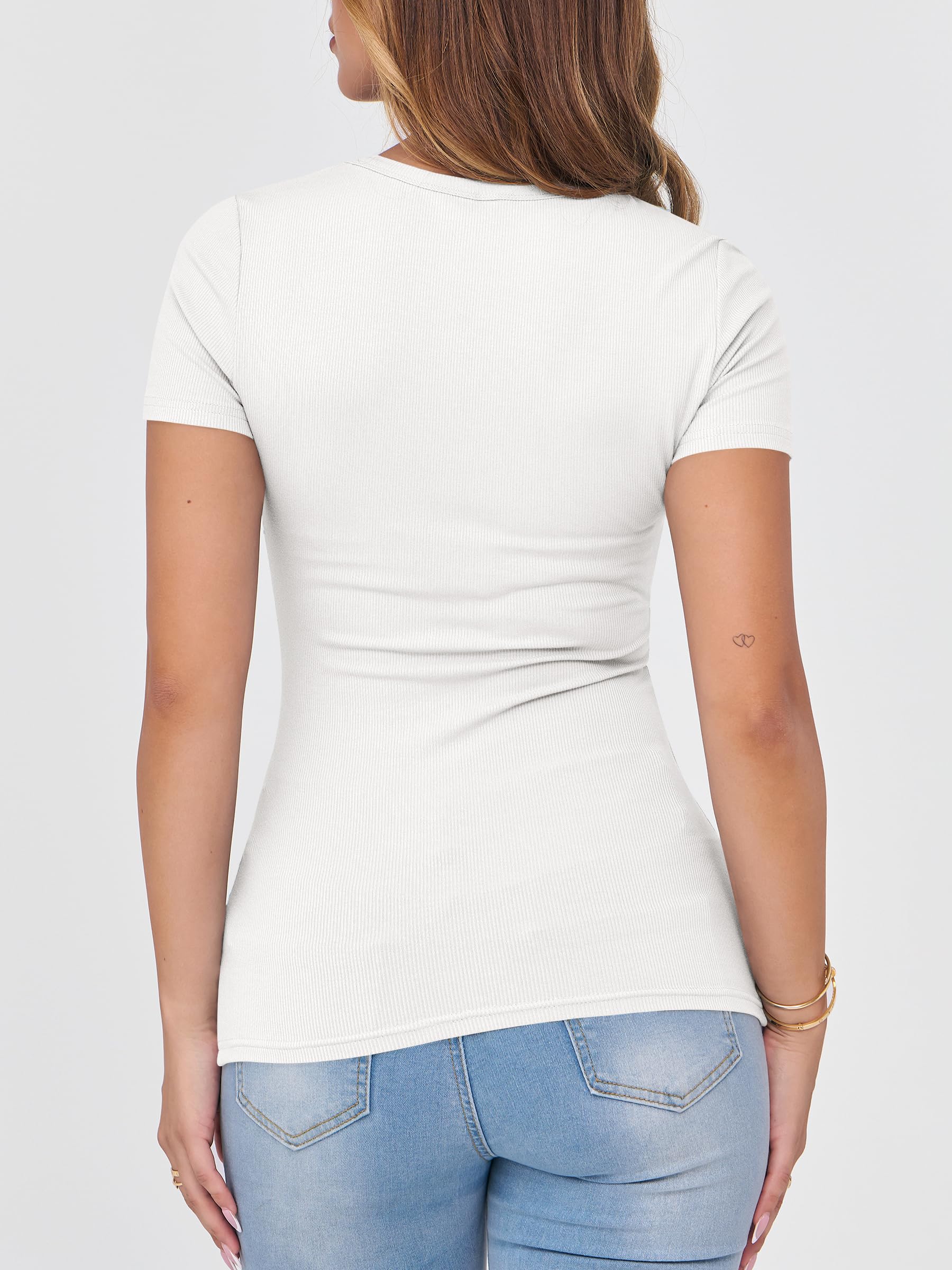 ANRABESS Women Short Sleeve Crewneck Ribbed Knit Slim Fitted Shirts Summer Tops Basic Tee Casual 2026 Spring Outfits Clothes White Large