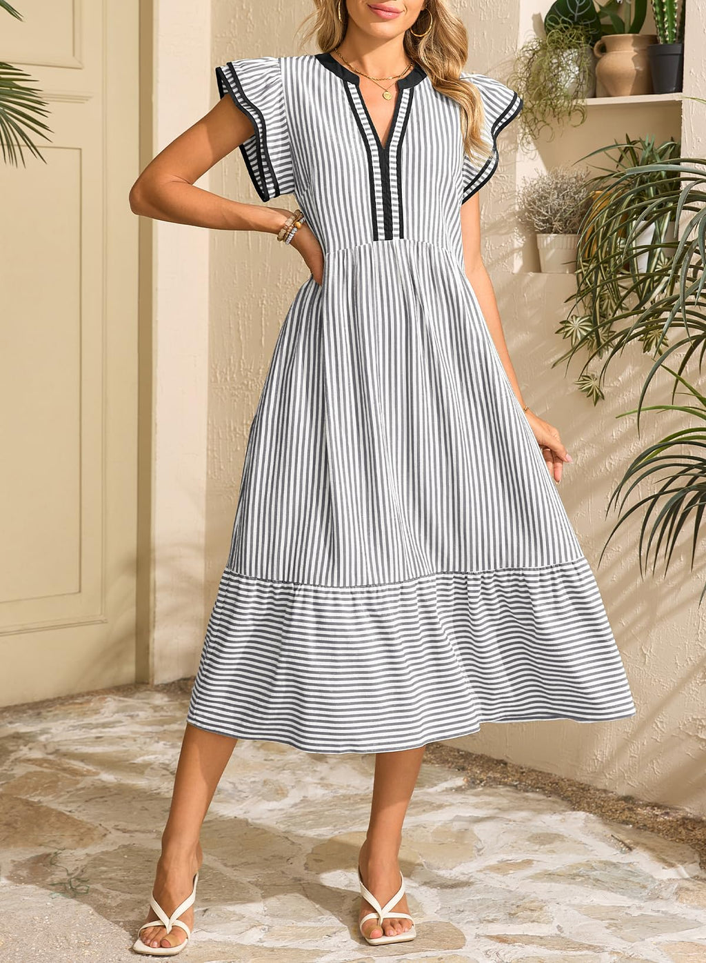 Dokotoo Summer Dresses for Women 2026 V-Neck Ruffle Cap Sleeve Empire Waist Dress Striped Flowy Midi Maxi Beach Dresses Black Dress with Pockets Medium