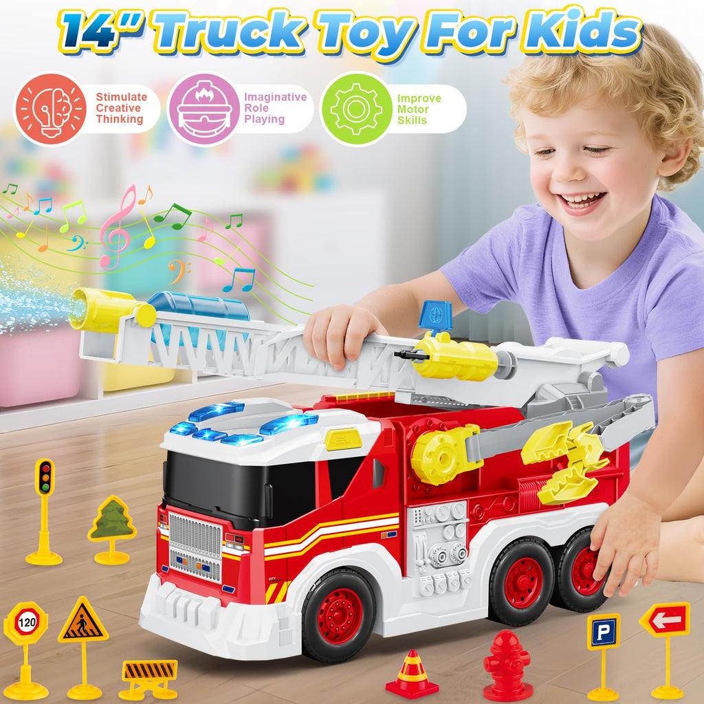Fire Truck Toy for 3 4 5 6 Year Old Boy Gift, Toddler Toys For 3 4 5 Years Old Boy Christmas Birthday Gift, Indoor Firetruck Toy For Kids 3-6 Year Old Role Playing With Ladder, Sounds And Lights