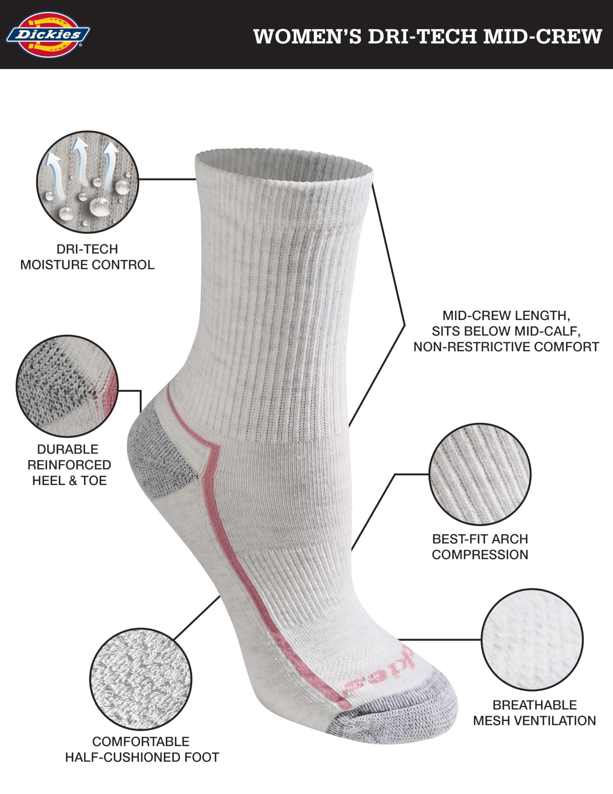 Dickies Women's Dri-Tech Advanced Moisture Wicking Mid-Crew Socks, Available in M-L (6,12 Pairs), Blush Assorted (6 Pairs), Medium