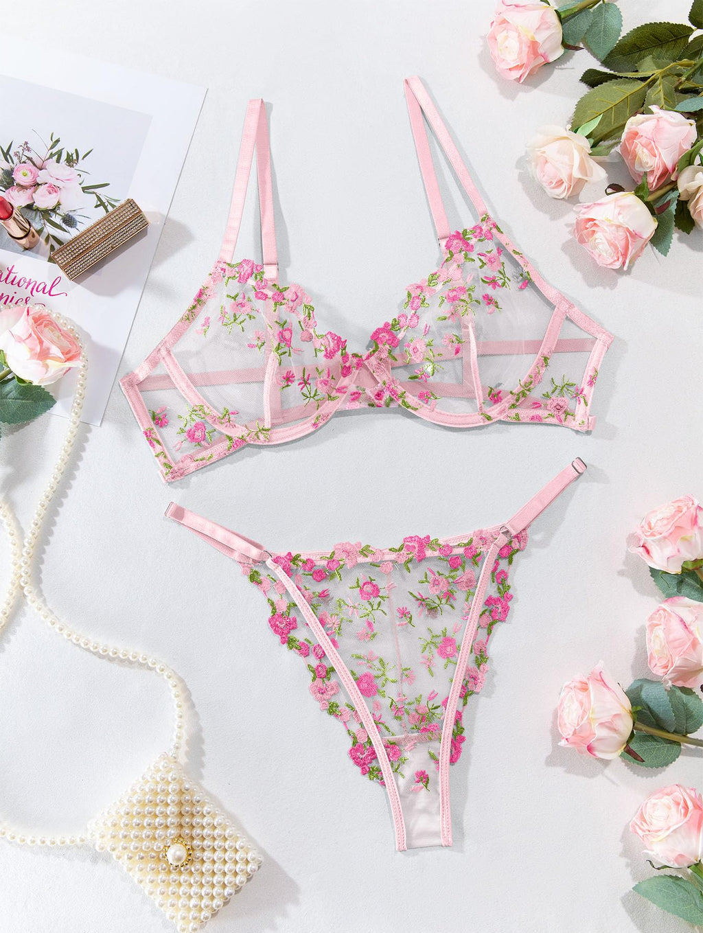 Lilosy Petite Sexy Floral Embroidered Mesh Sheer Underwire Push Up Lingerie Set Women See Through Bra and Panty 2 Piece Sun Flower Pink XX-Small