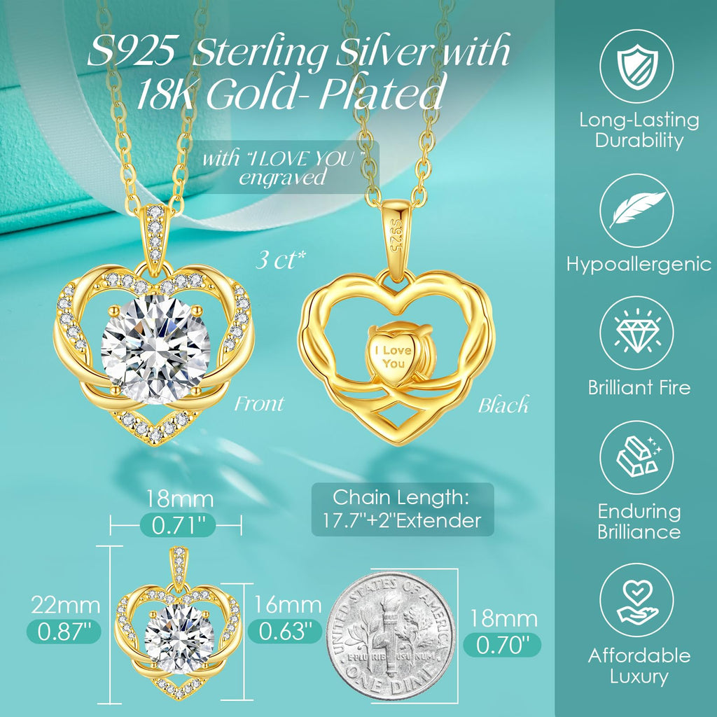 OOBEE Valentines Day Gift Moissanite Heart Pendant Necklace for Women 925 Sterling Silver Fine Jewelry for Her, Ideal Birthday Anniversary Christmas Gift for Women Wife Mom Girlfriend Daughter, 18K Gold Plated (18K-3CT)