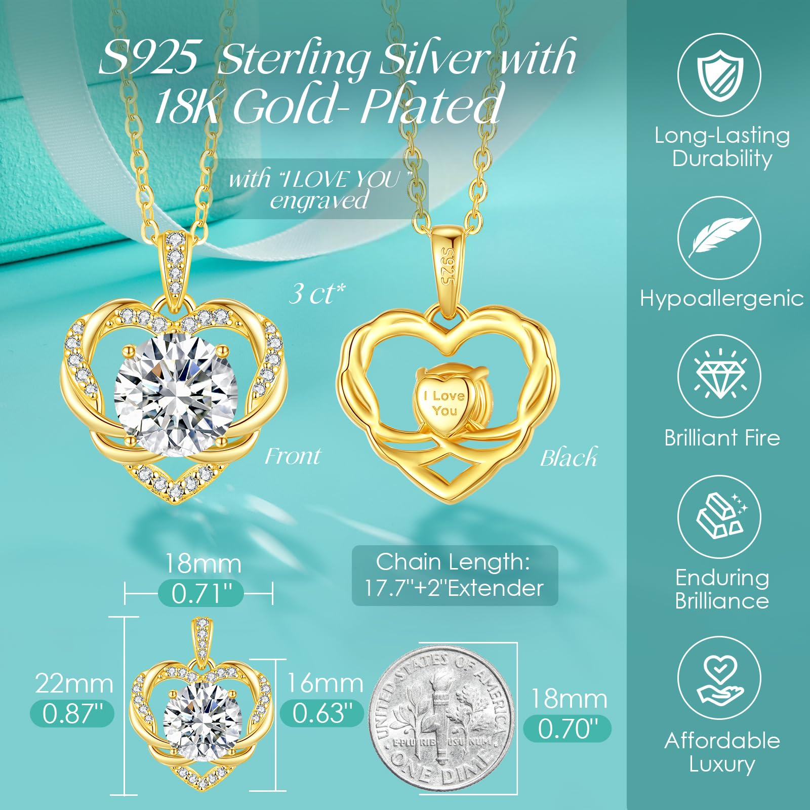 OOBEE Valentines Day Gift Moissanite Heart Pendant Necklace for Women 925 Sterling Silver Fine Jewelry for Her, Ideal Birthday Anniversary Christmas Gift for Women Wife Mom Girlfriend Daughter, 18K Gold Plated (18K-3CT)