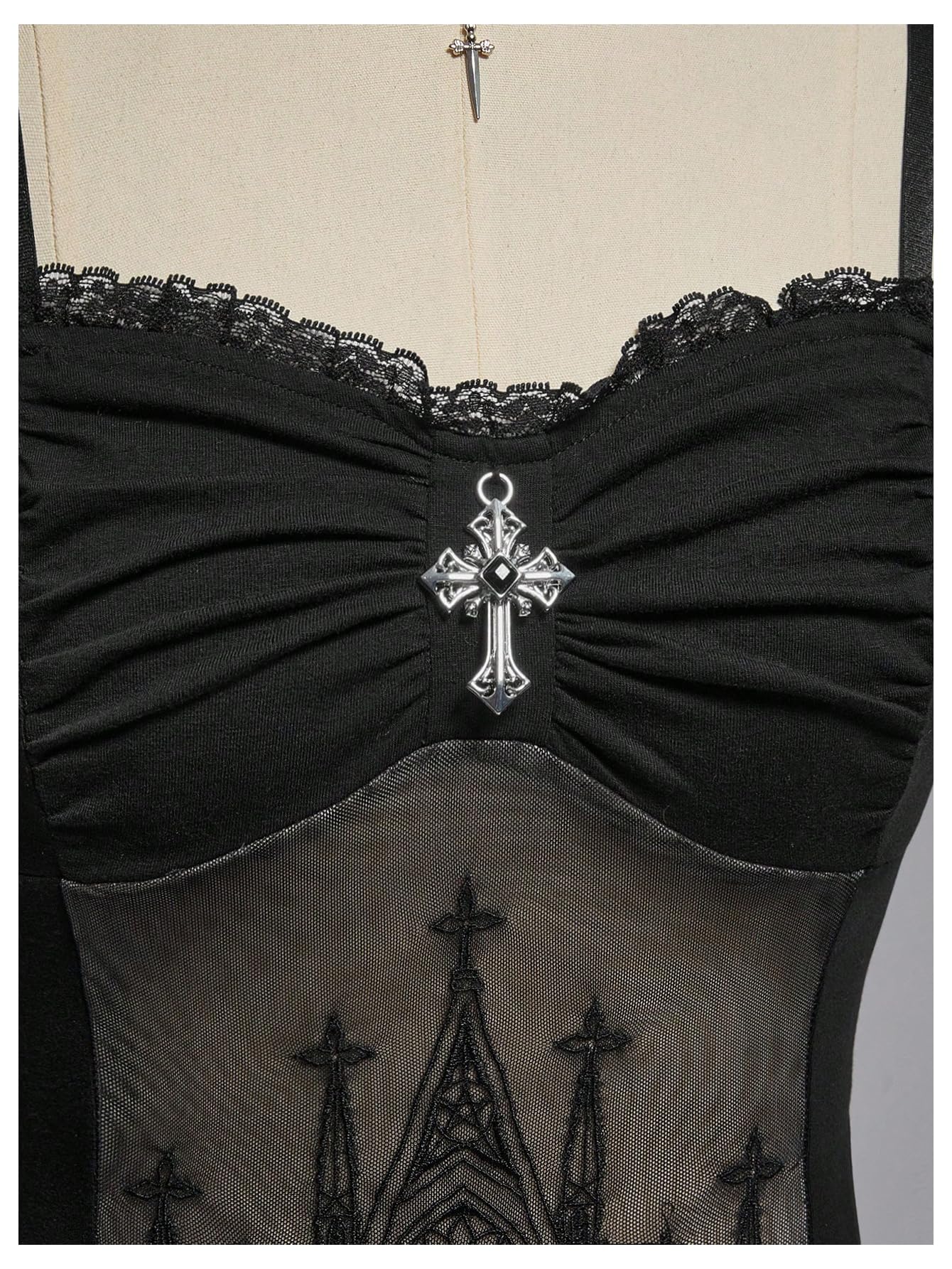 Verdusa Women's Gothic Graphic Sheer Mesh Camisole Tops Ruched Lace Y2K Going Out Tops Black Large