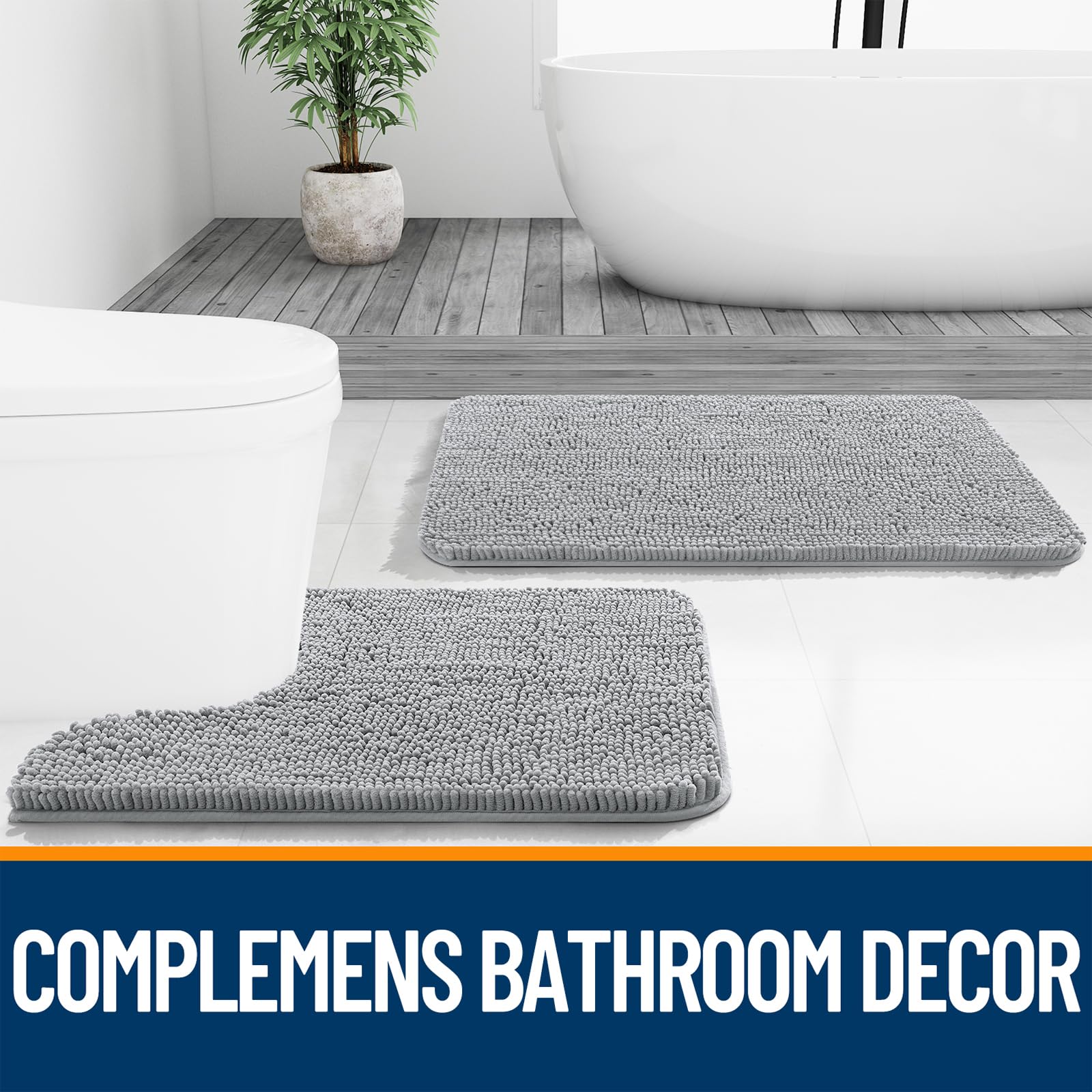 OLANLY Bathroom Rugs 30x20, Extra Soft Absorbent Chenille Bath Rugs, Rubber Backing Quick Dry, Machine Washable Bath Mats for Bathroom Floor, Tub and Shower, Home Decor Accessories, Light Grey