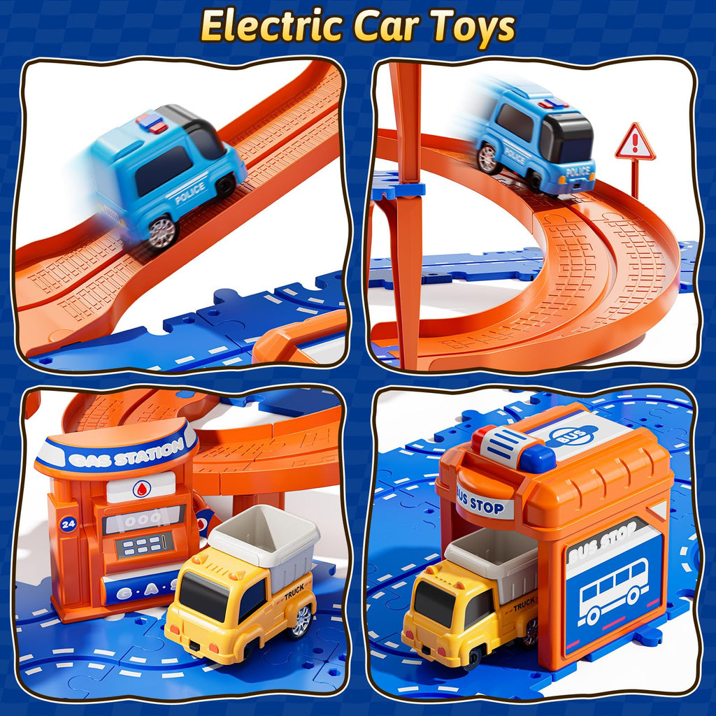 Guminnara Toddler Puzzle Race Cars Track Toys for Kids Age 3-5 2-4 Years, 59PCS Puzzles Car Track Set Includes 2 Cars and Road Signs, Educational Birthday Gifts for Kids, Boys and Girls