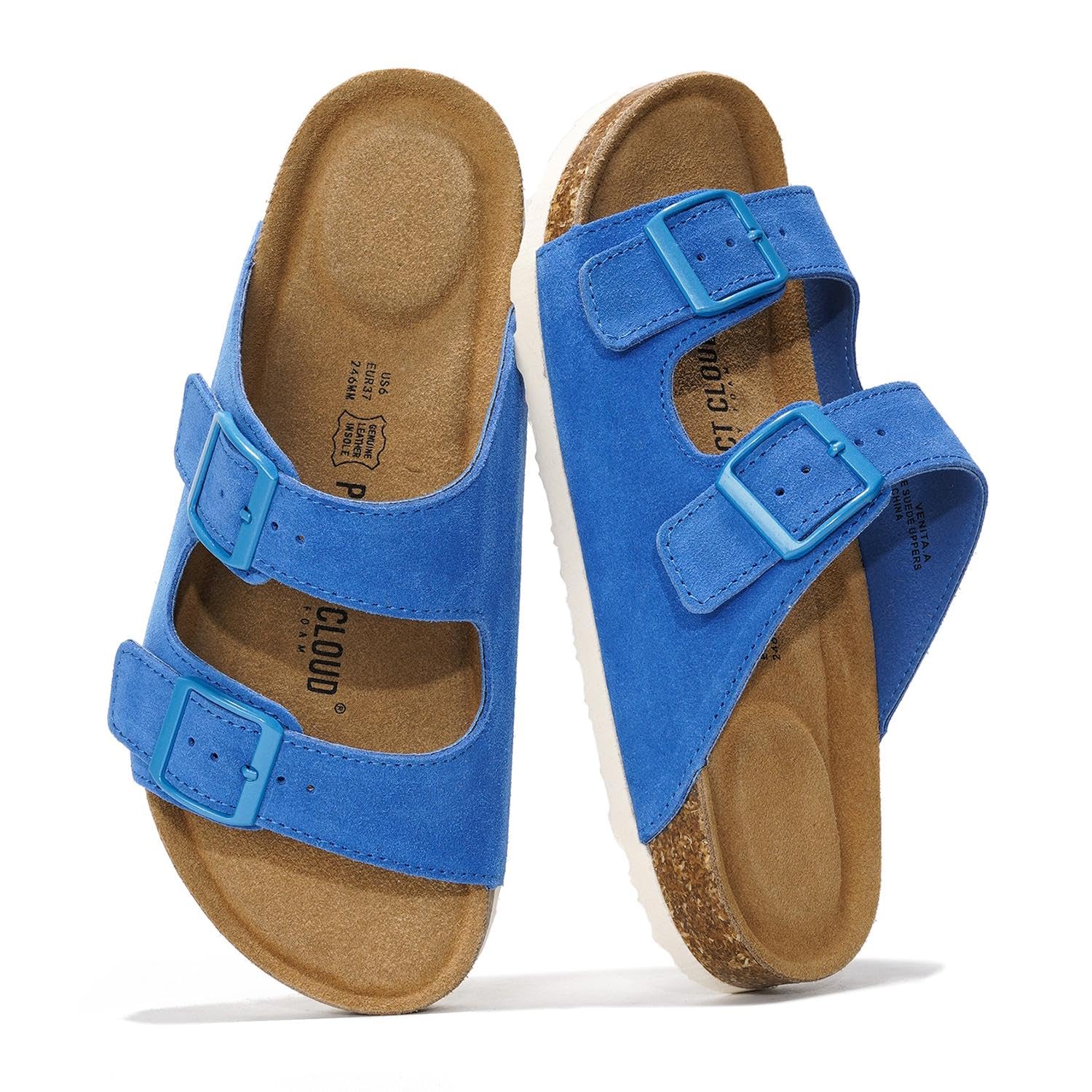 Project Cloud 100% Genuine Leather Flat Sandals For Women 2026 Cork Footbed Womens Sandals with Memory Foam and arch support Vacation Essentials Slides for Women Footwear (Venita, OCEAN, 5.5)