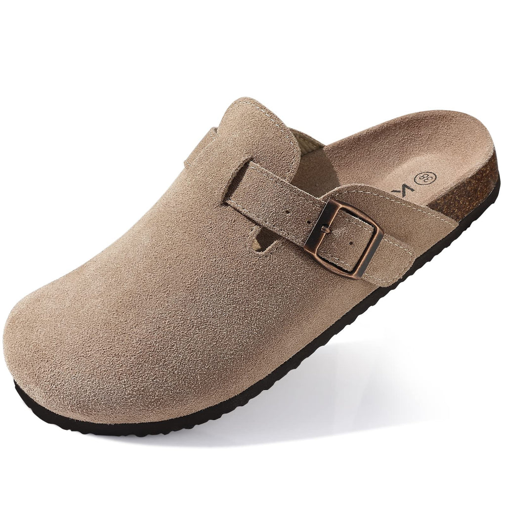 KIDMI Genuine Suede Clogs for Women Cork Footbed Sandals Leather Mules Potato Shoes with Arch Support Taupe 41 (Size 9-9.5)