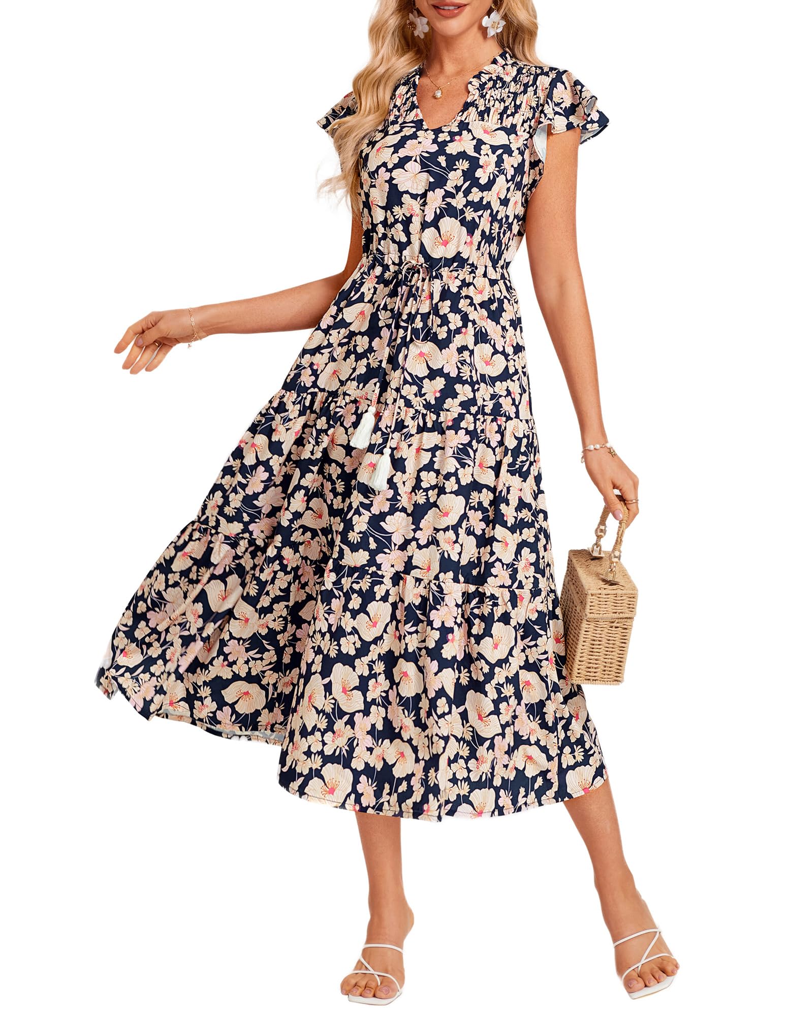GRACE KARIN Floral Midi Dress for Women Casual Flowy Beach Wedding Guest Dress Long Dresses with Pockets