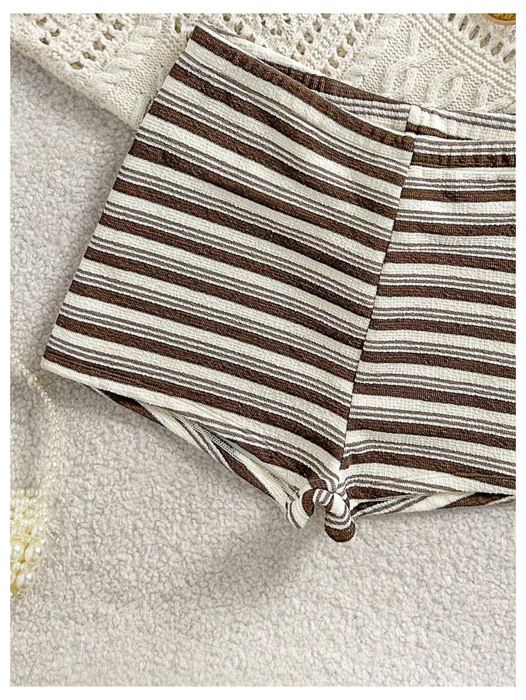 WDIRARA Women's Striped Halter Bikini Set Beaded Triangle Swimsuit 2 Piece Bathing Suit Coffee Brown Medium