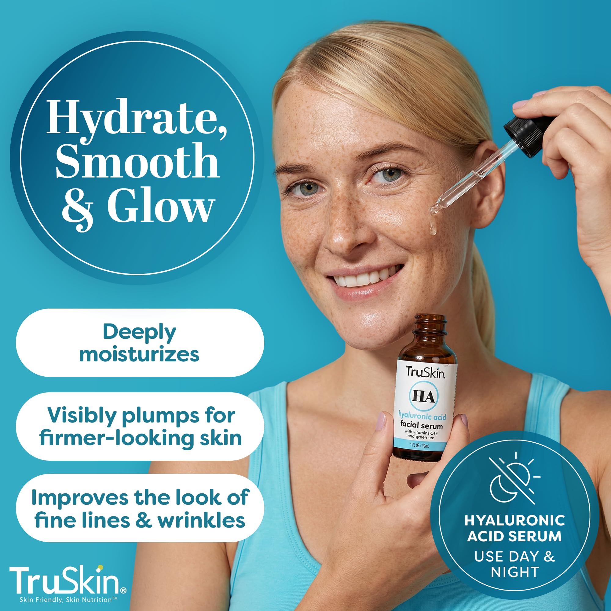 TruSkin Hyaluronic Acid Serum for Face – 7 Ultra-Hydrating Ingredients – Moisturizing & Plumping Facial Serum for Smooth, Healthy-Looking Skin, 1 Fl Oz