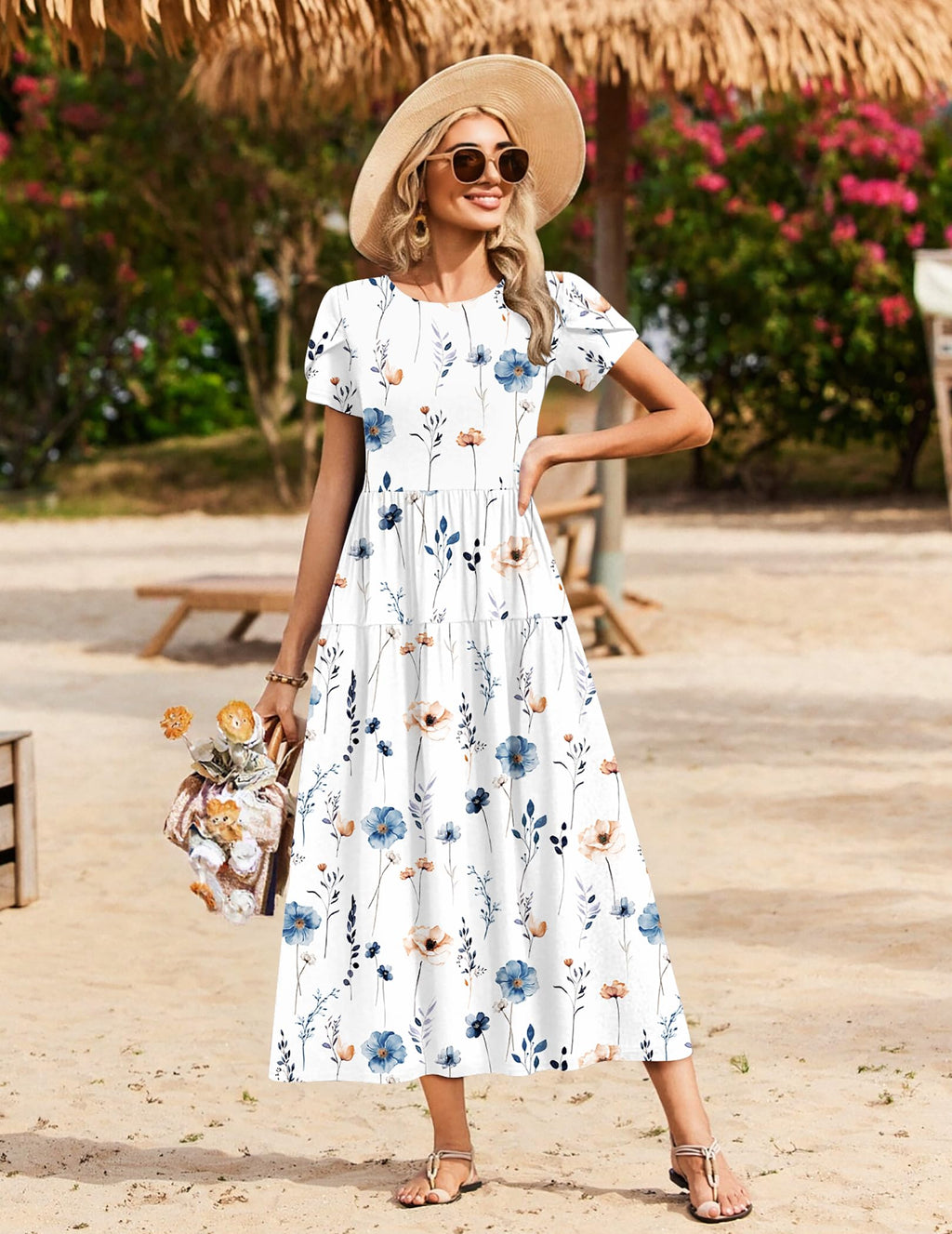 Zeagoo Ladies Summer Dresses Short Sleeve Flowy Round Neck Bohemian Beach Dress White Floral S