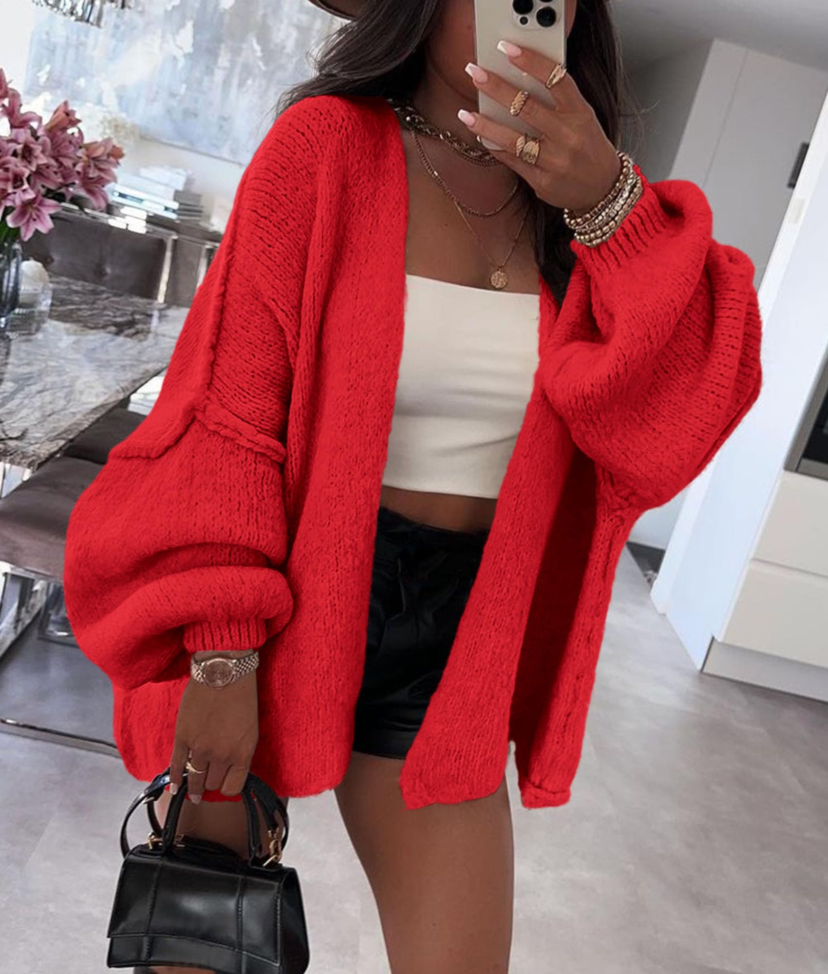 PRETTYGARDEN Womens Oversized Cardigan Sweaters 2026 Fall Long Lantern Sleeve Knit Open Front Lightweight Sweater (Red,Large)