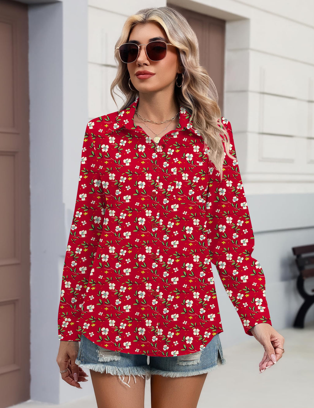 HOTOUCH Button Down Shirts for Women Red Floral Dressy Tops Long Sleeve Casual Blouses Spring Fashion S