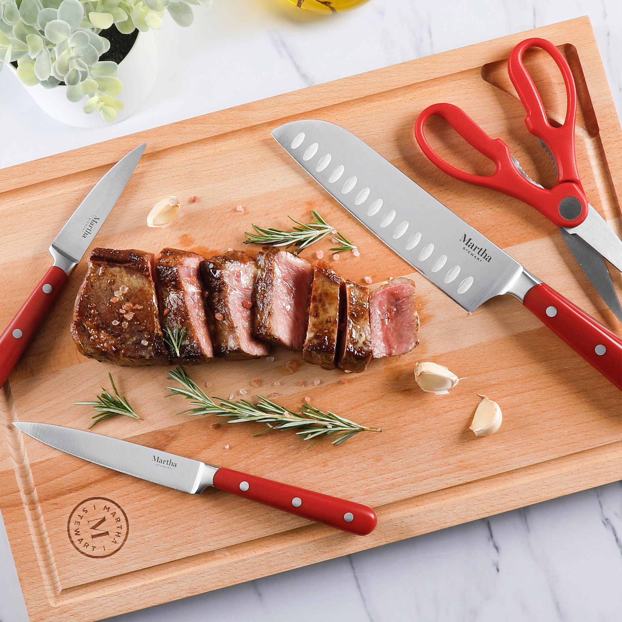 MARTHA STEWART Eastwalk 14 Piece High Carbon Staineless Steel Cutlery Knife Block Set w/ABS Triple Riveted Forged Handle Acacia Wood Block - Red