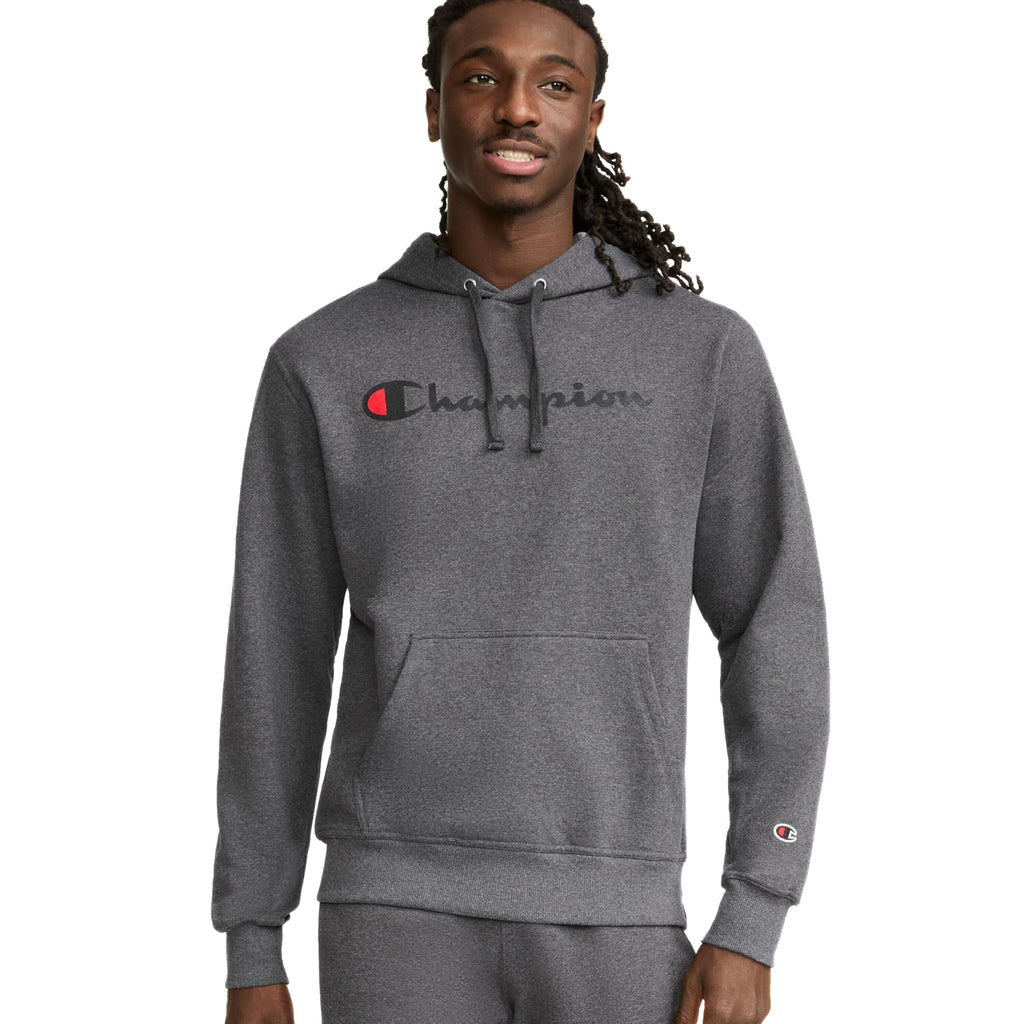 Champion Men's Pullover Graphic Fleece Hoodie, Standard Fit, Midweight Fleece, Classic Script Logo, Available in Regular and Big & Tall, Granite Heather, Large
