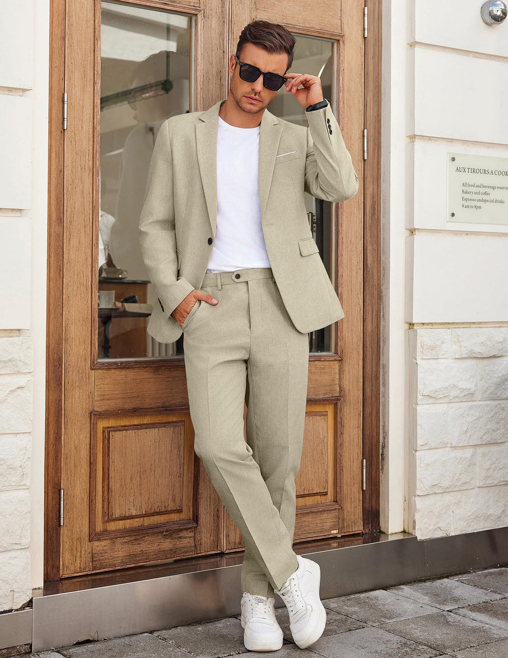 COOFANDY Mens Casual Suits 2 Piece Set One Button Dress Suits for Graduation Wedding Business, Light Khaki, Large