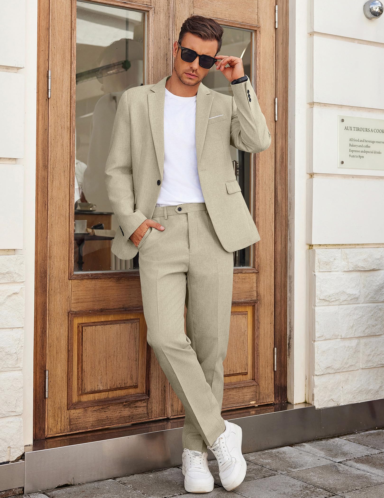 COOFANDY Mens Casual Suits 2 Piece Set One Button Dress Suits for Graduation Wedding Business, Light Khaki, Large