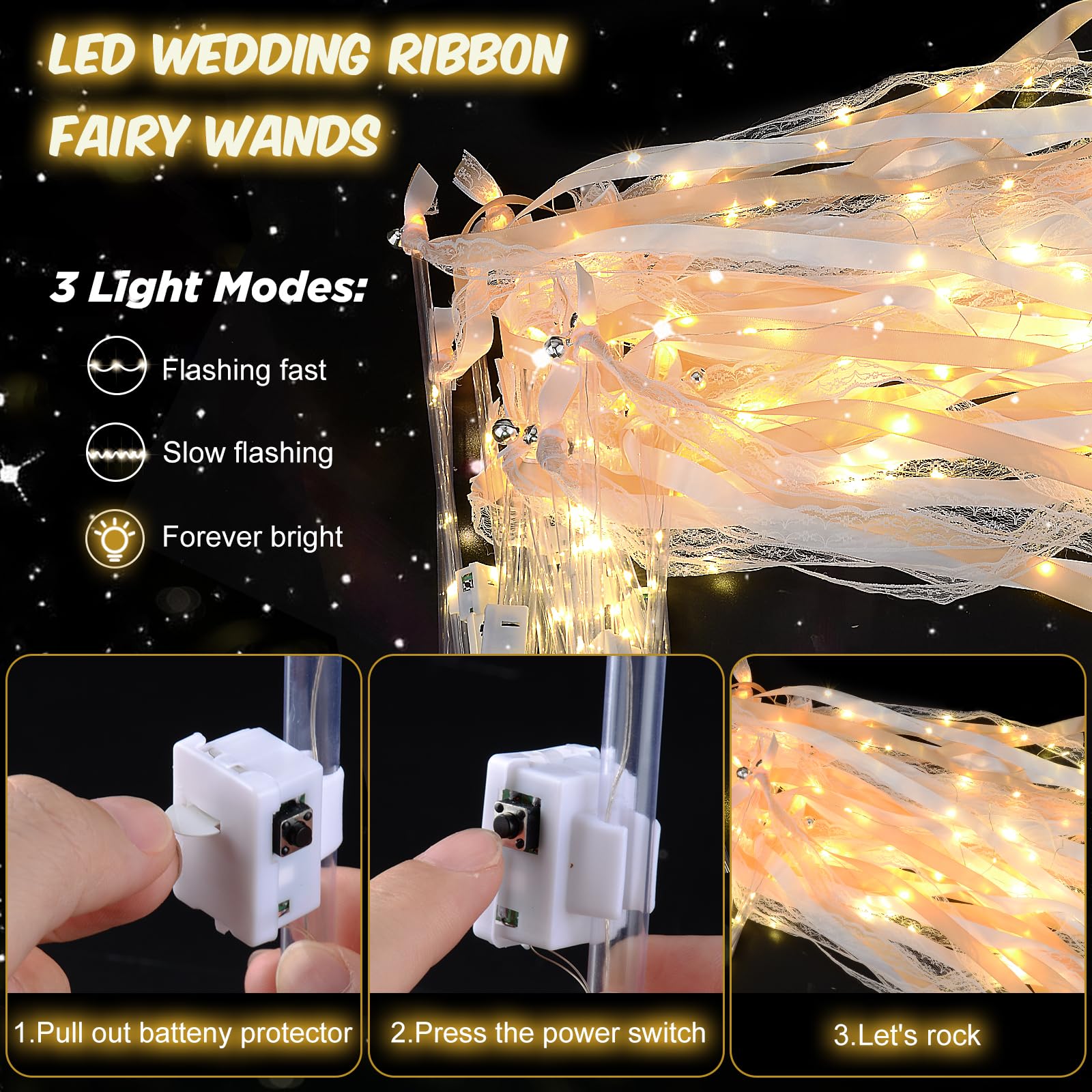 HONLYNE 100 PCS Wedding Wands with Lights,Fairy Wands, LED Silk Fairy Wand with Bells for Wedding Send Off, New Year, Raves, Concert, Birthday