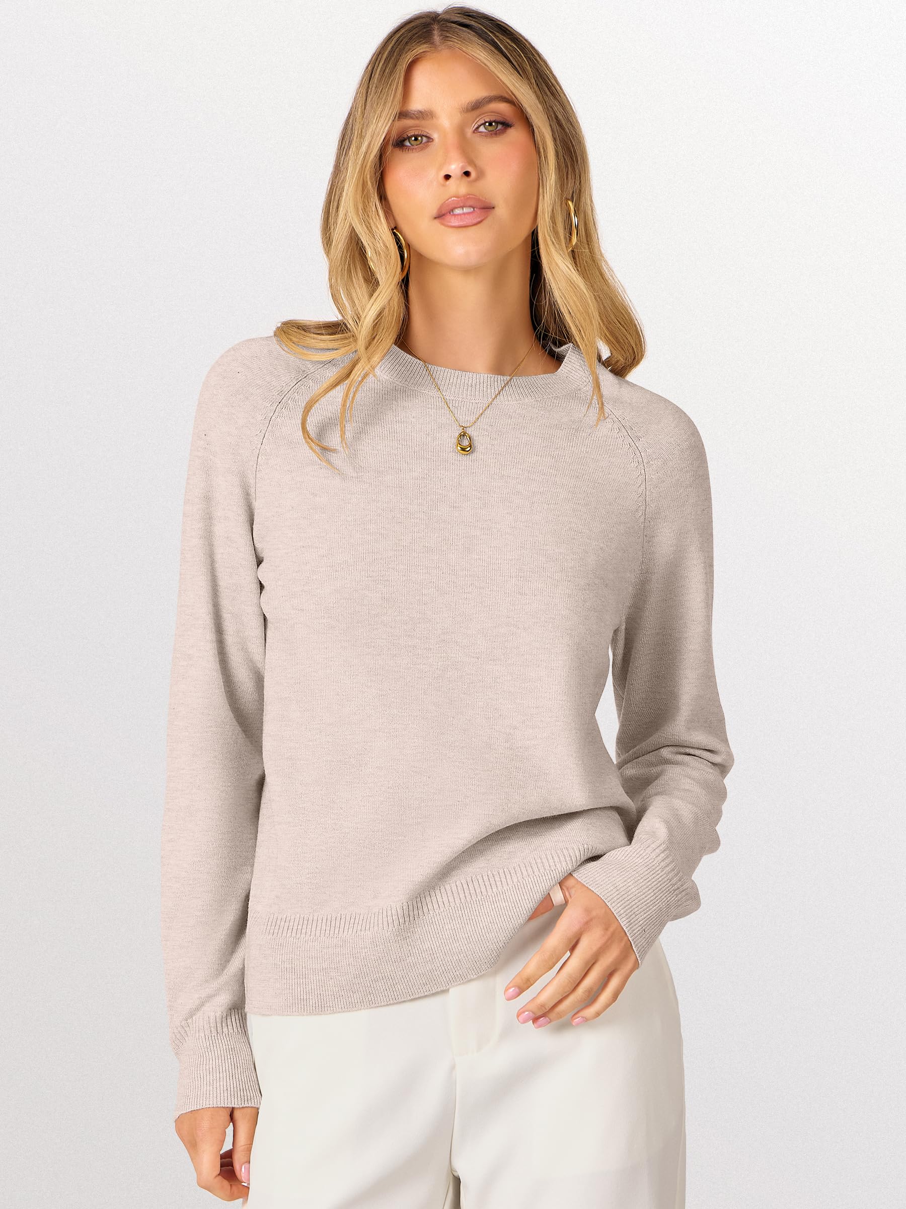 ANRABESS Sweaters for Women 2025 Long Sleeve Crewneck Loose Fit Lightweight Knit Basic Fall Sweater Outfits Almond S