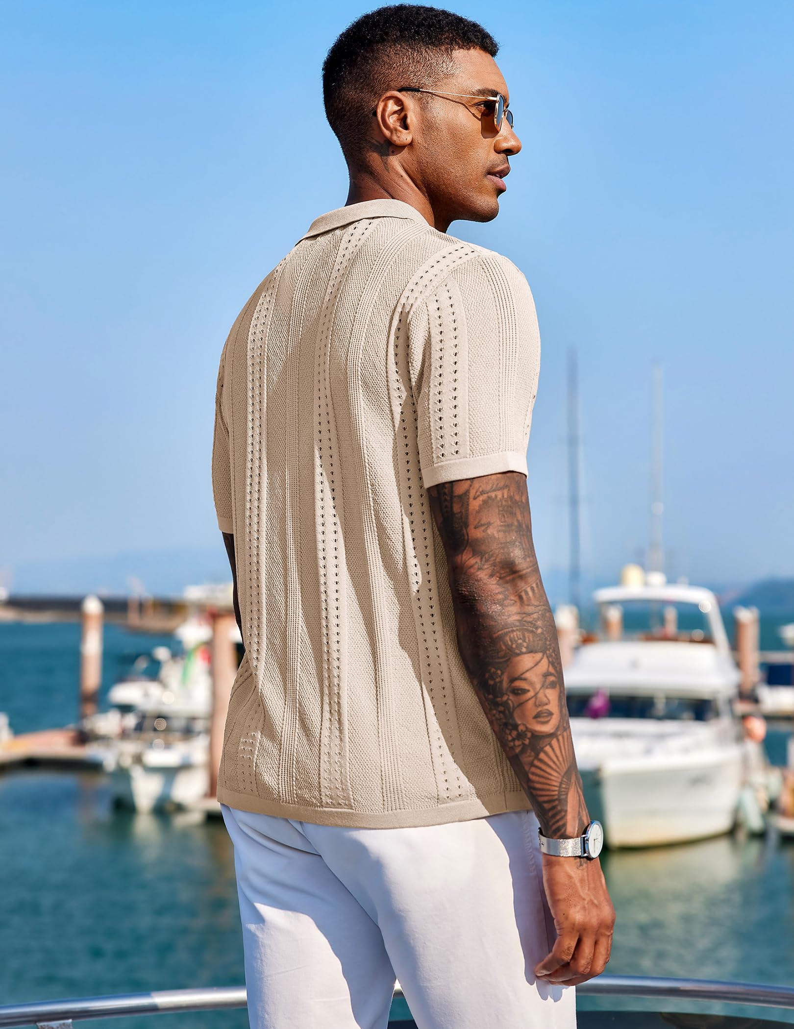 COOFANDY Men's Knit Shirts Short Sleeve Button Up Polo Shirt Fashion Casual Summer Beach Shirts, Apricot, Large