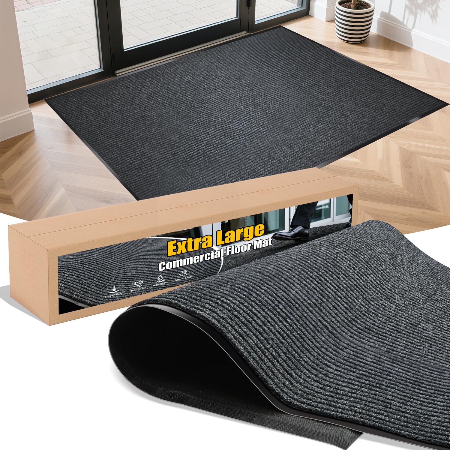 Entrance Mat for Home or Office - 3 x 5 Feet, Carpeted Indoor/Outdoor Entry Mat - Absorbent, Slip Resistant, Heavy Duty, Low-Profile, Easy to Clean, Rubber Entry Mat - Charcoal