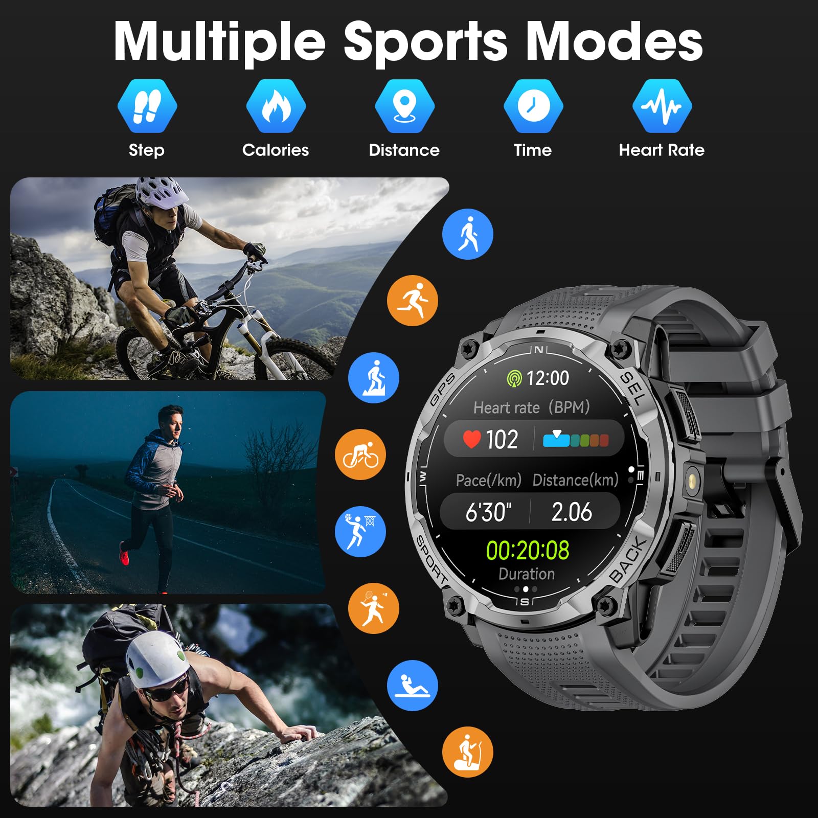 Joautrial Military Smart Watch for Men with GPS, 1.43" AMOLED Bluetooth Call, LED Flashlight, Rugged Tactical Watch for Android iOS, 3ATM Waterproof Fitness Tracker with Heart Rate Pedometer (Black)