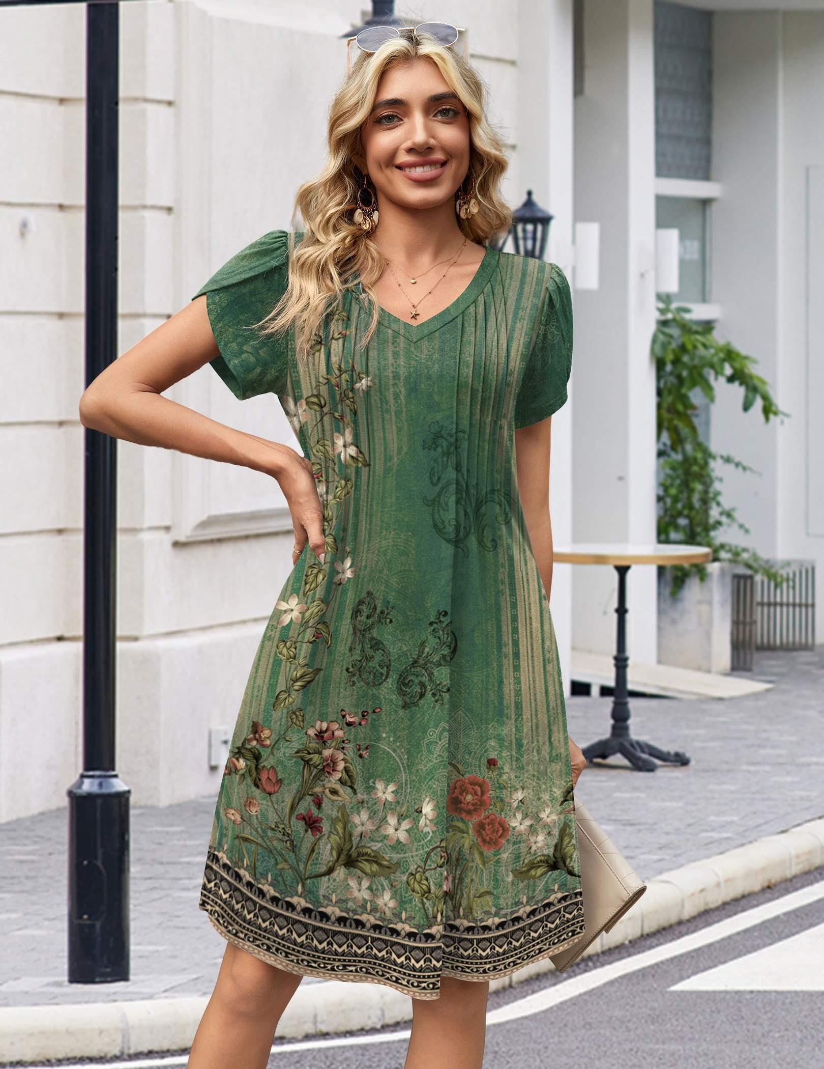 Zeagoo Floral Dresses for Women Casual Summer Dresses Fit and Flare Dress Loose Fit A Line Dress Boho Sundress, Green Floral 01