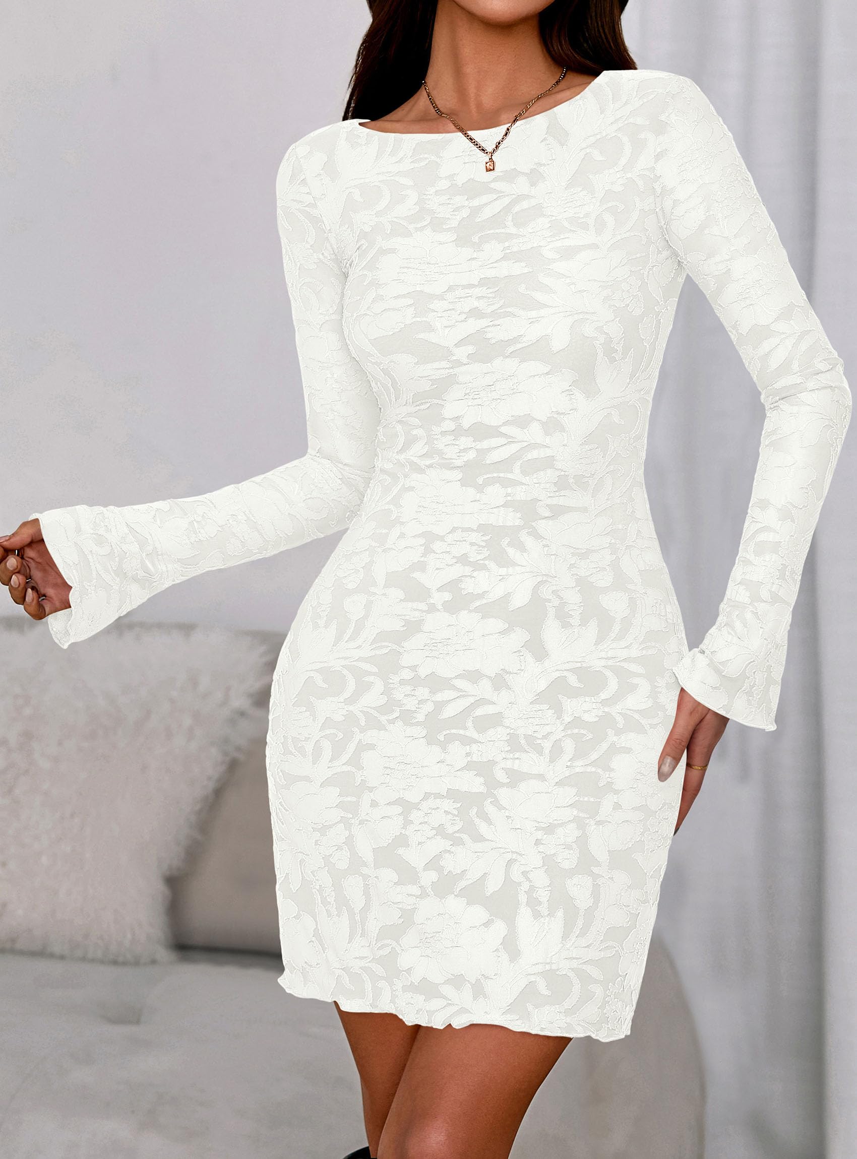 PRETTYGARDEN Women's 2026 Fall Fashion Floral Long Sleeve Mini Dress Mesh Bodycon Short Party Date Night Going Out Dresses (Floral White,X-Large)