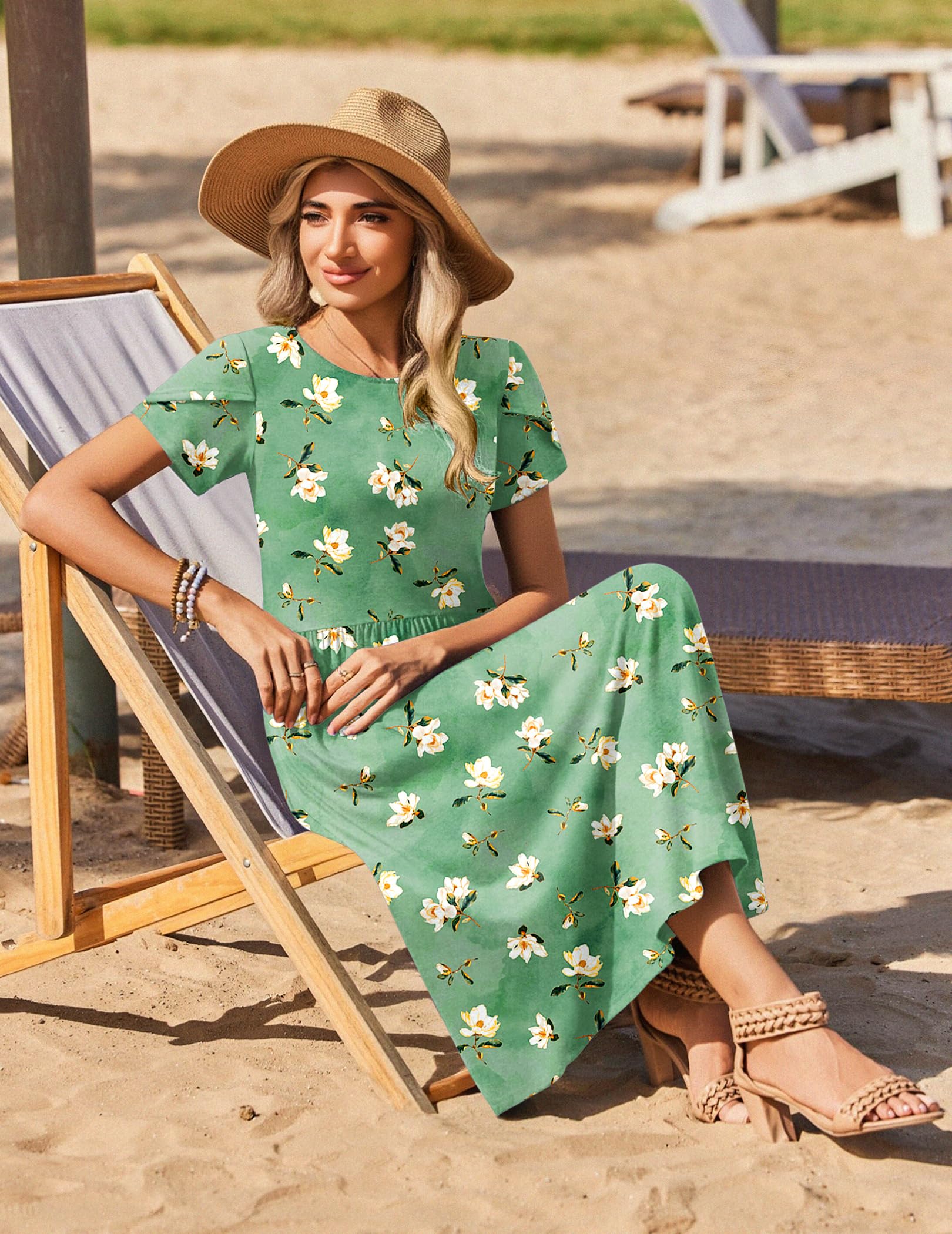 Zeagoo Green Dress for Women Casual Loose Bohemian Floral Dress A Line Flowy Maxi Dress Green Floral M