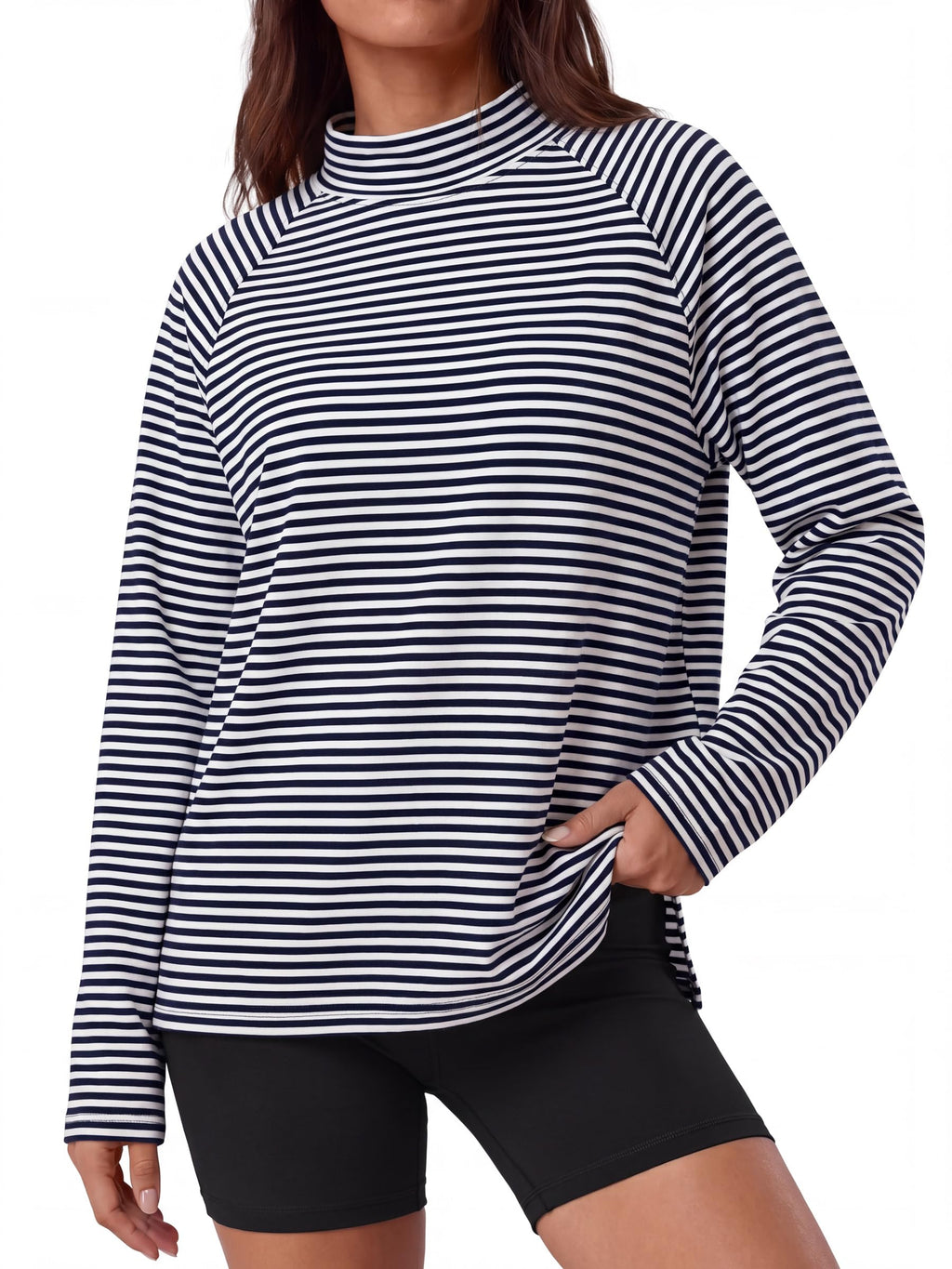 ANRABESS Women Mock Neck Long Sleeve Shirts Striped Top Navy Blue White L