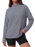ANRABESS Women Mock Neck Long Sleeve Shirts Striped Top Navy Blue White L