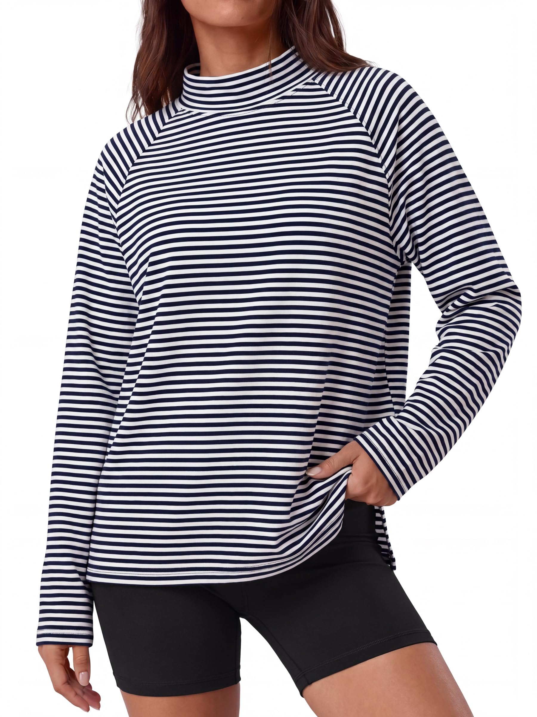 ANRABESS Women Mock Neck Long Sleeve Shirts Striped Top Navy Blue White L