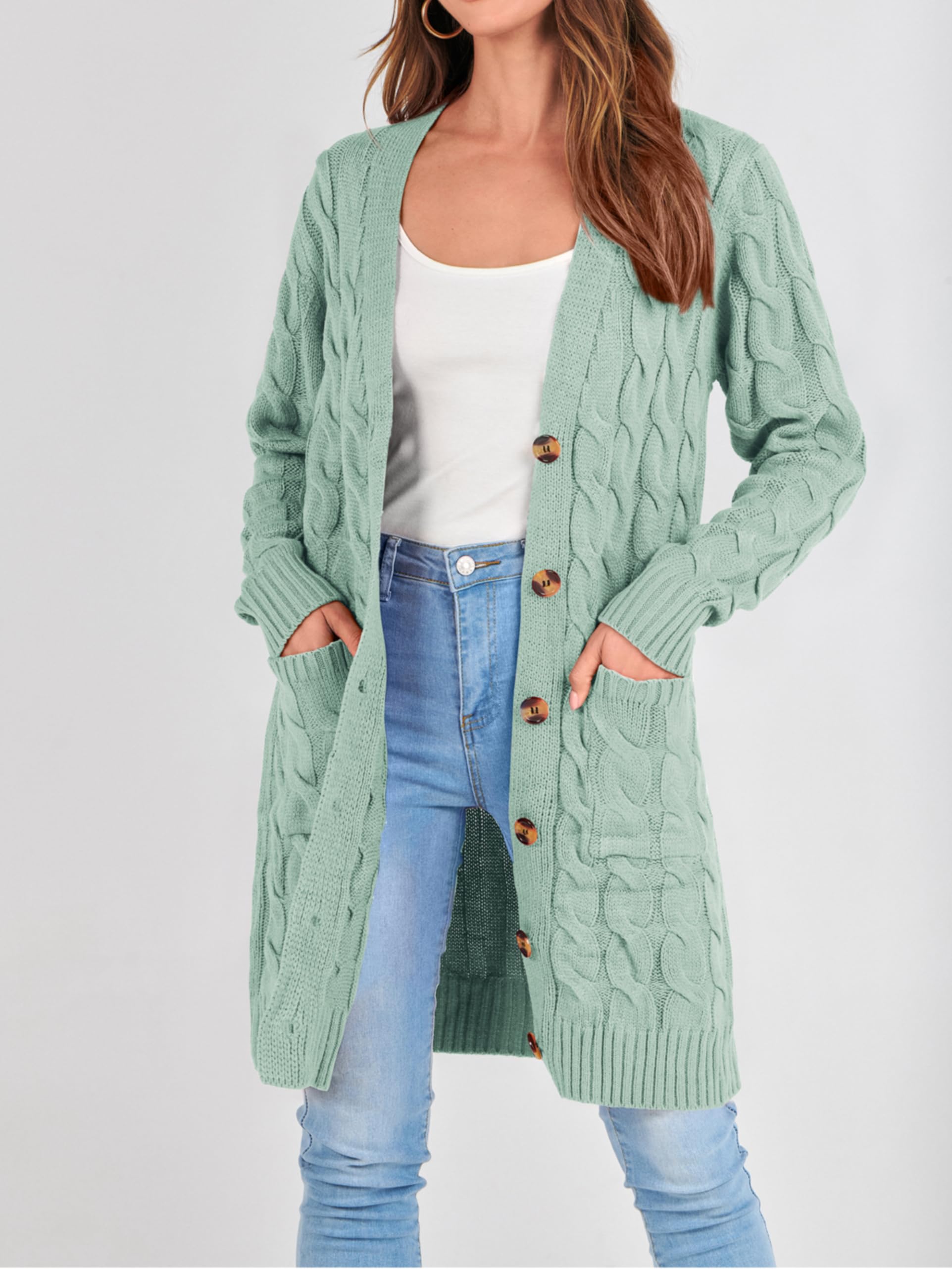 PRETTYGARDEN Long Sleeve Cable Knit Long Cardigan for Women 2026 Spring Winter Chunky Open Front Button Sweaters with Pockets (Bean Green, Small)