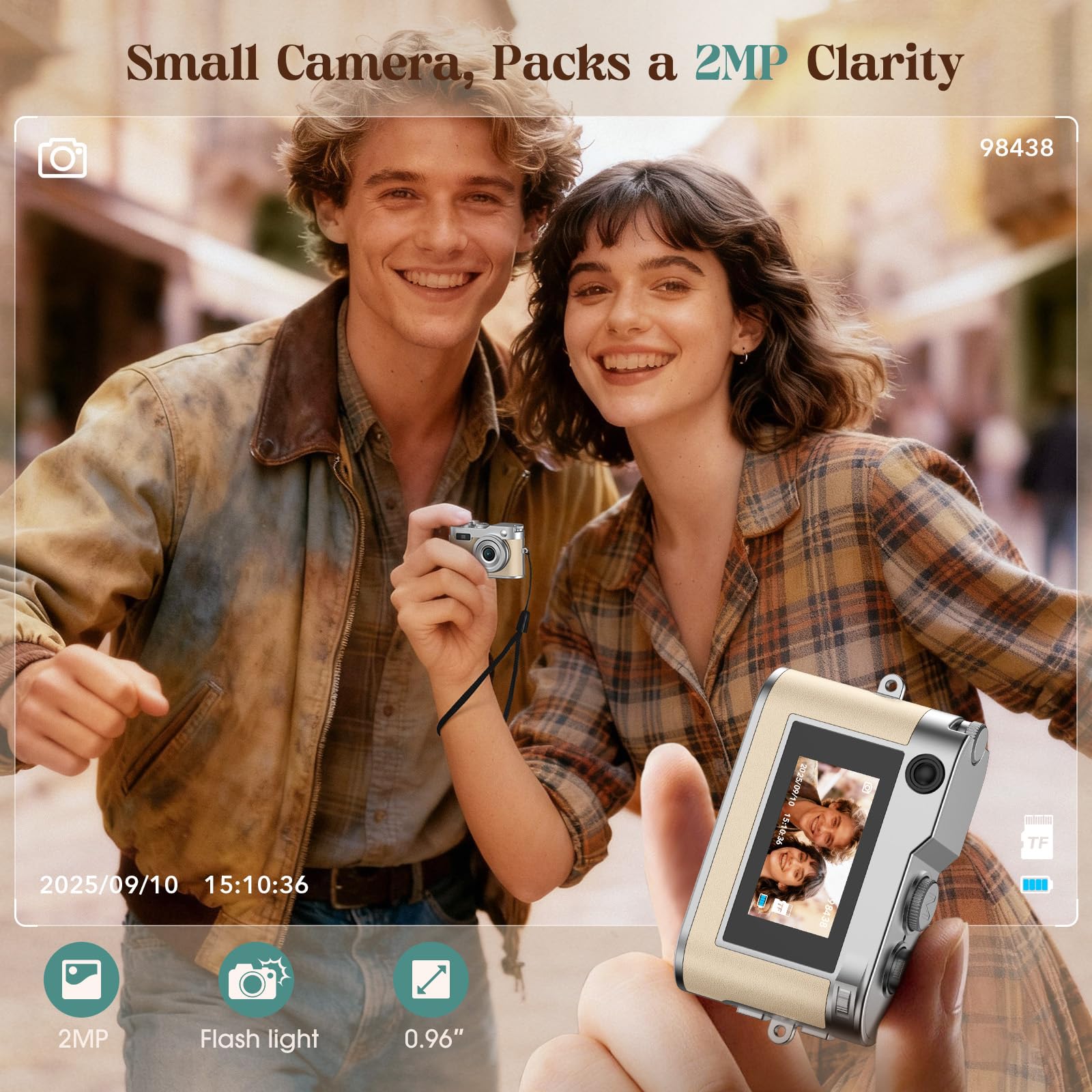 HOTU Mini Digital Camera, Keychain Camera 1080P HD with 2MP Lens, Flash, Video Recording, 32G Card Included, Portable and Compact Retro Vlog Camera for Travel, Kids, Beige