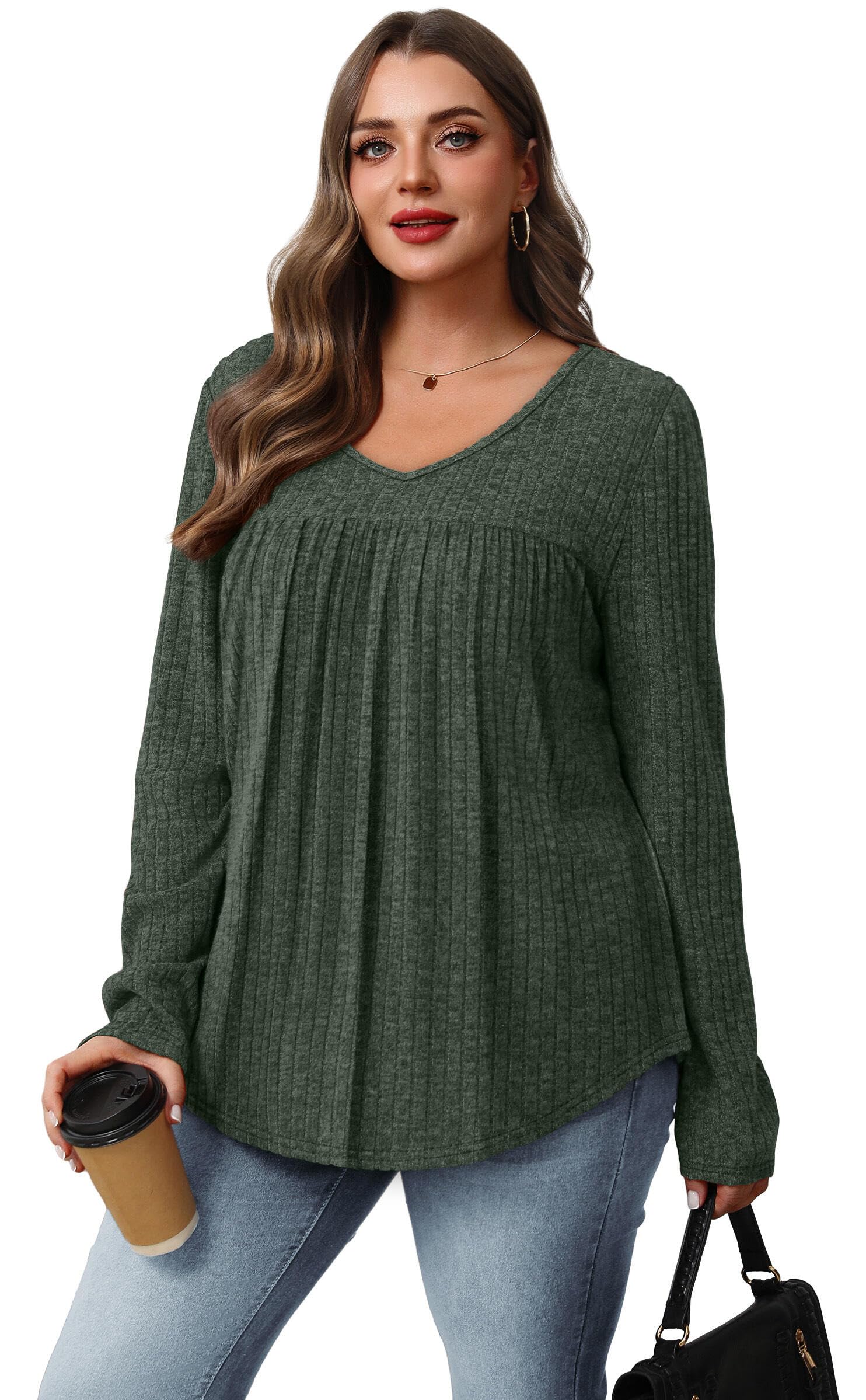WIHOLL Fall Outfits for Women 2026 Long Sleeve Shirts for Women Dressy Casual Womens Boho Tops Trendy Sweaters Early Fall Fashion Clothing Old Money Clothes School Outfits for Teachers Green L