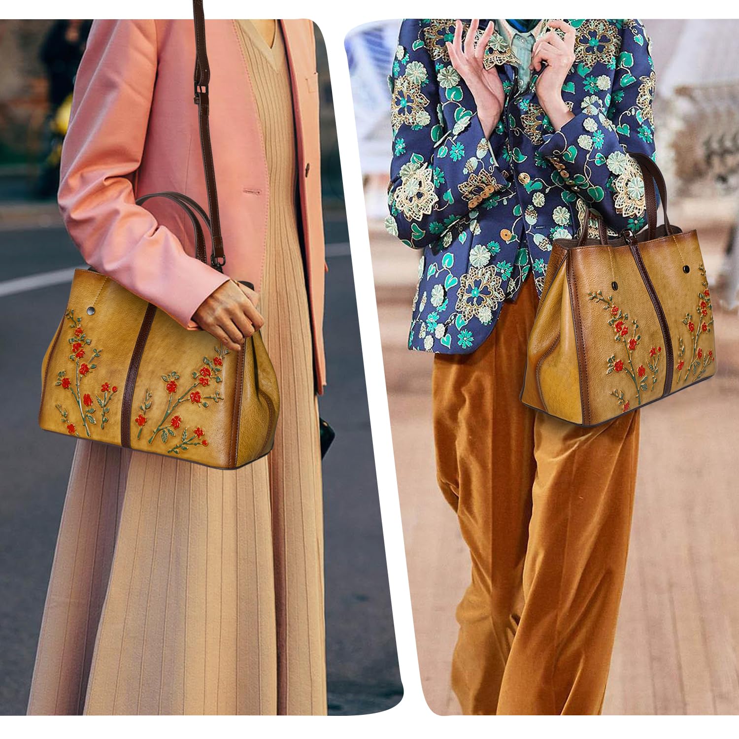 SHARPAD Genuine Leather Satchel for Women Top Handle Bags Handmade Purse Vintage Embossed Leather Crossbody Handbags Hobo Bag (Yellow-2)