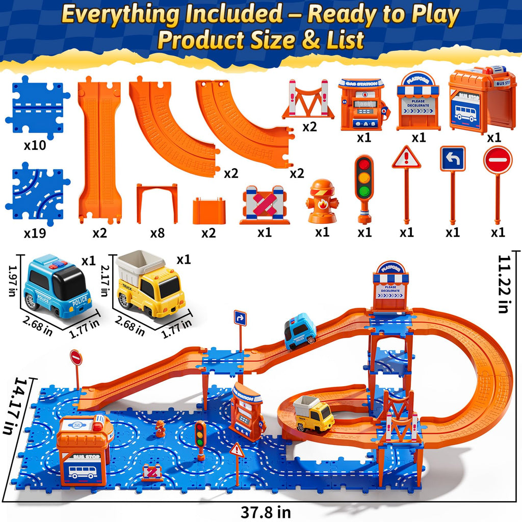 Guminnara Toddler Puzzle Race Cars Track Toys for Kids Age 3-5 2-4 Years, 59PCS Puzzles Car Track Set Includes 2 Cars and Road Signs, Educational Birthday Gifts for Kids, Boys and Girls