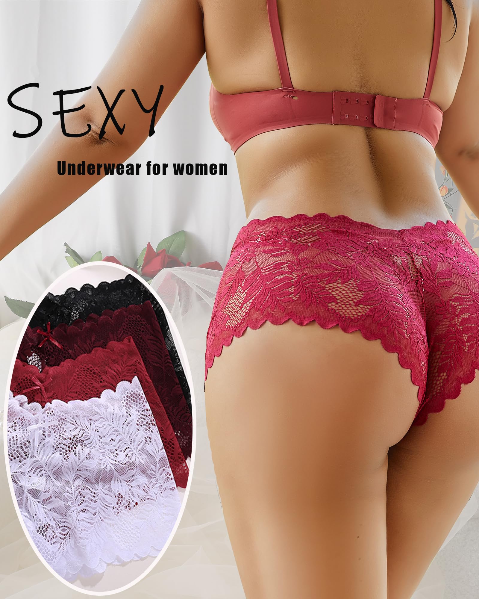 FINETOO 5 Pack Sexy Lingerie Panties for Women Pack V-Waist Lace Womens Underwear French Cut Boyshorts Panty