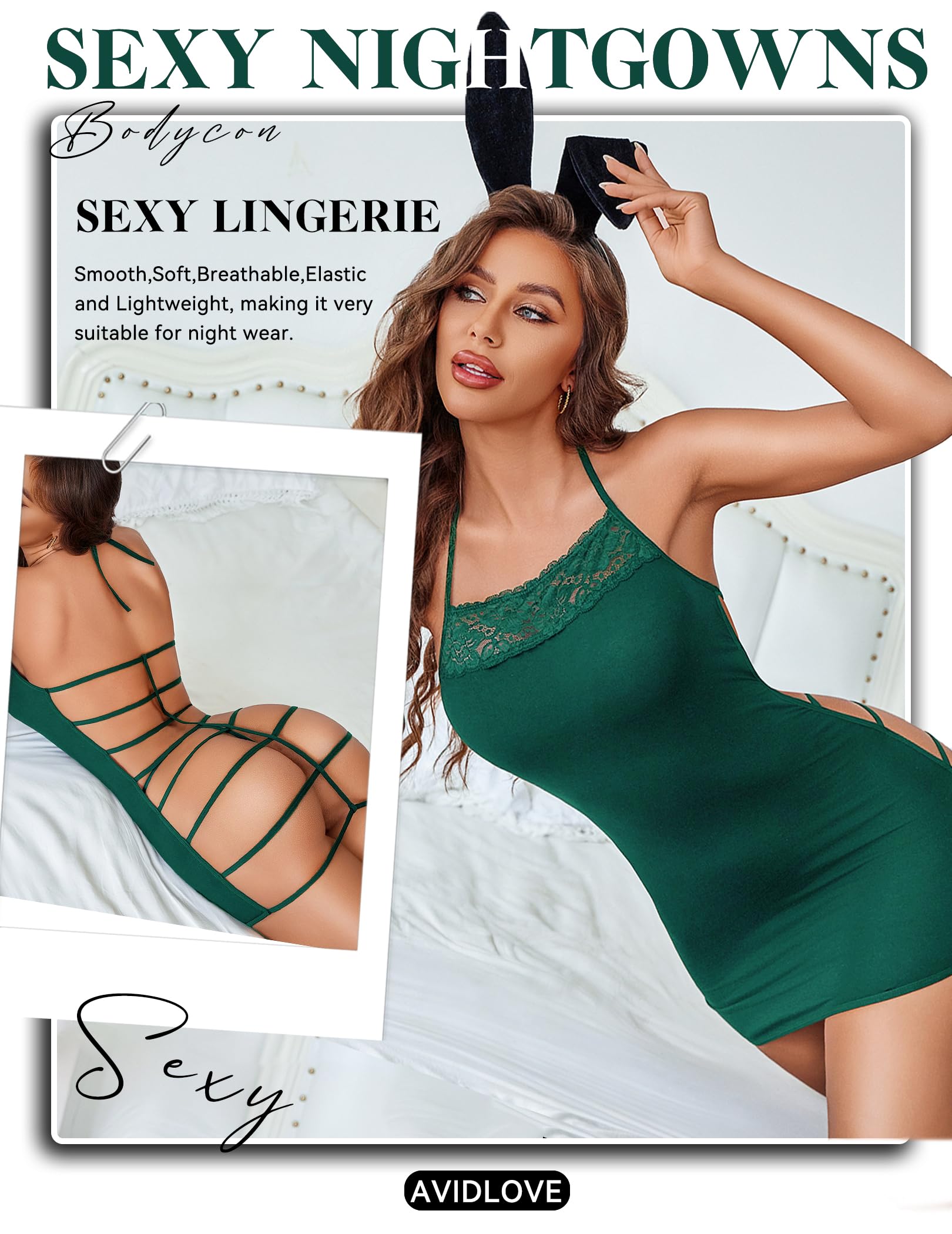 Avidlove Womens Lingerie Sexy Under Dress Slip Spaghetti Strap Bodycon Ladies Nightgowns Cut Out Nightdress (Green,L)