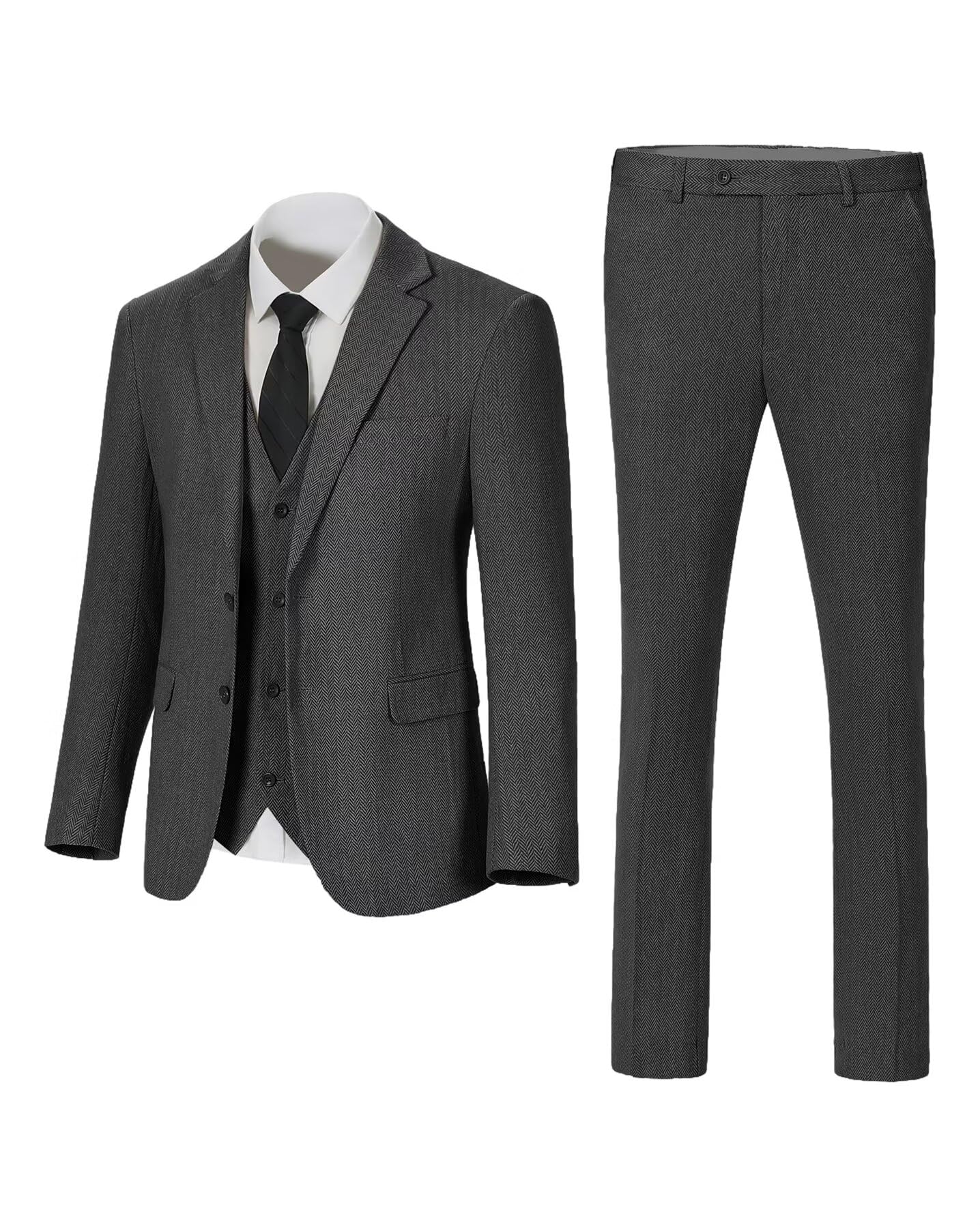 Herringbone Tweed 3 Piece Mens Suits Wool Blend Formal Party Dinner Tuxedo Set Business Suit Jacket Blazer Vest Pants for Men Grey Gray M