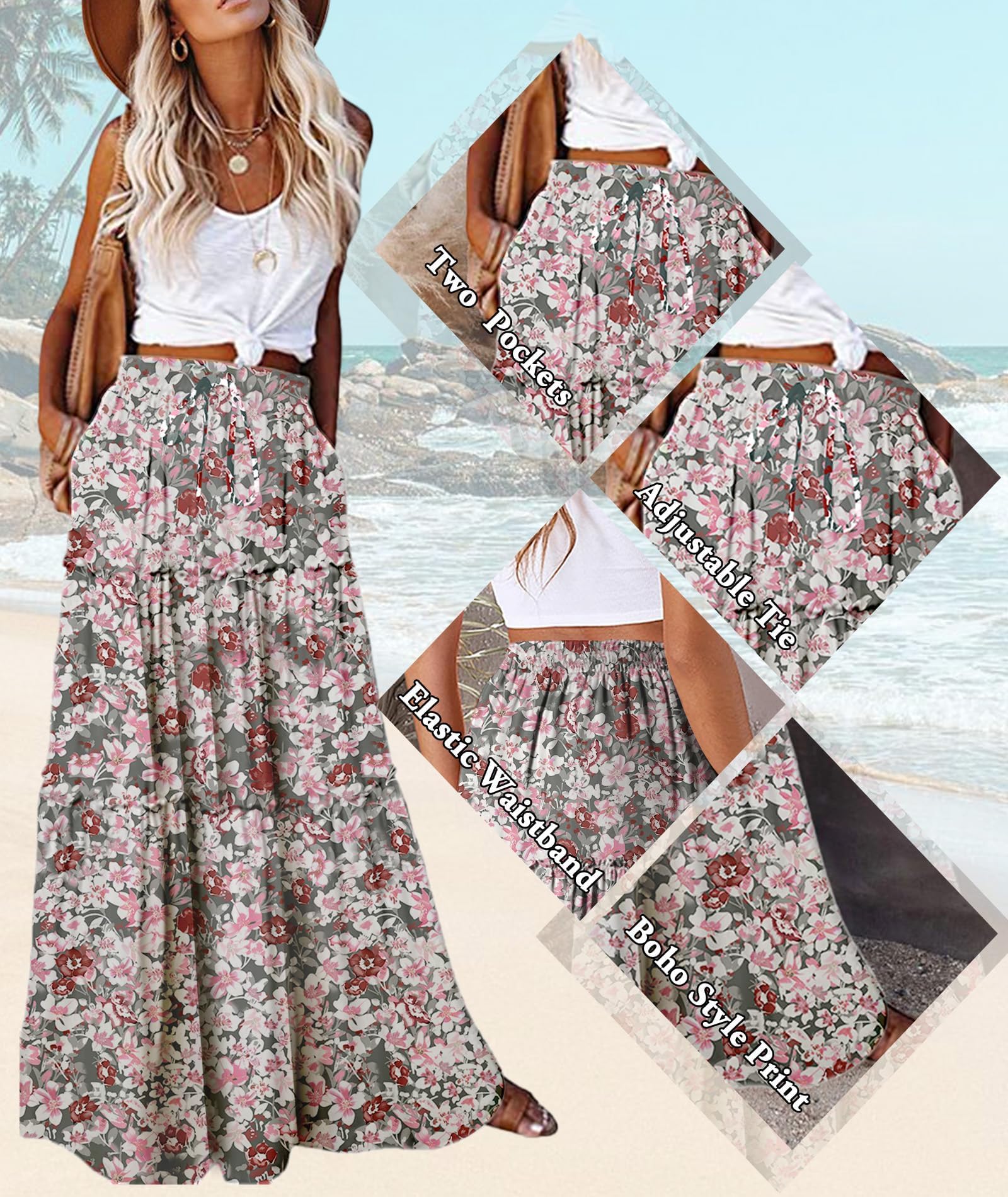 EARKOHA Trendy Lightweight Drawstring Tiered Ruffles Paisley Hippie Plus Size Bohemian Long Maxi Skirt with Deep Pockets for Office Music Festival Travel Picnic Dating Fall Outfits White Floral M