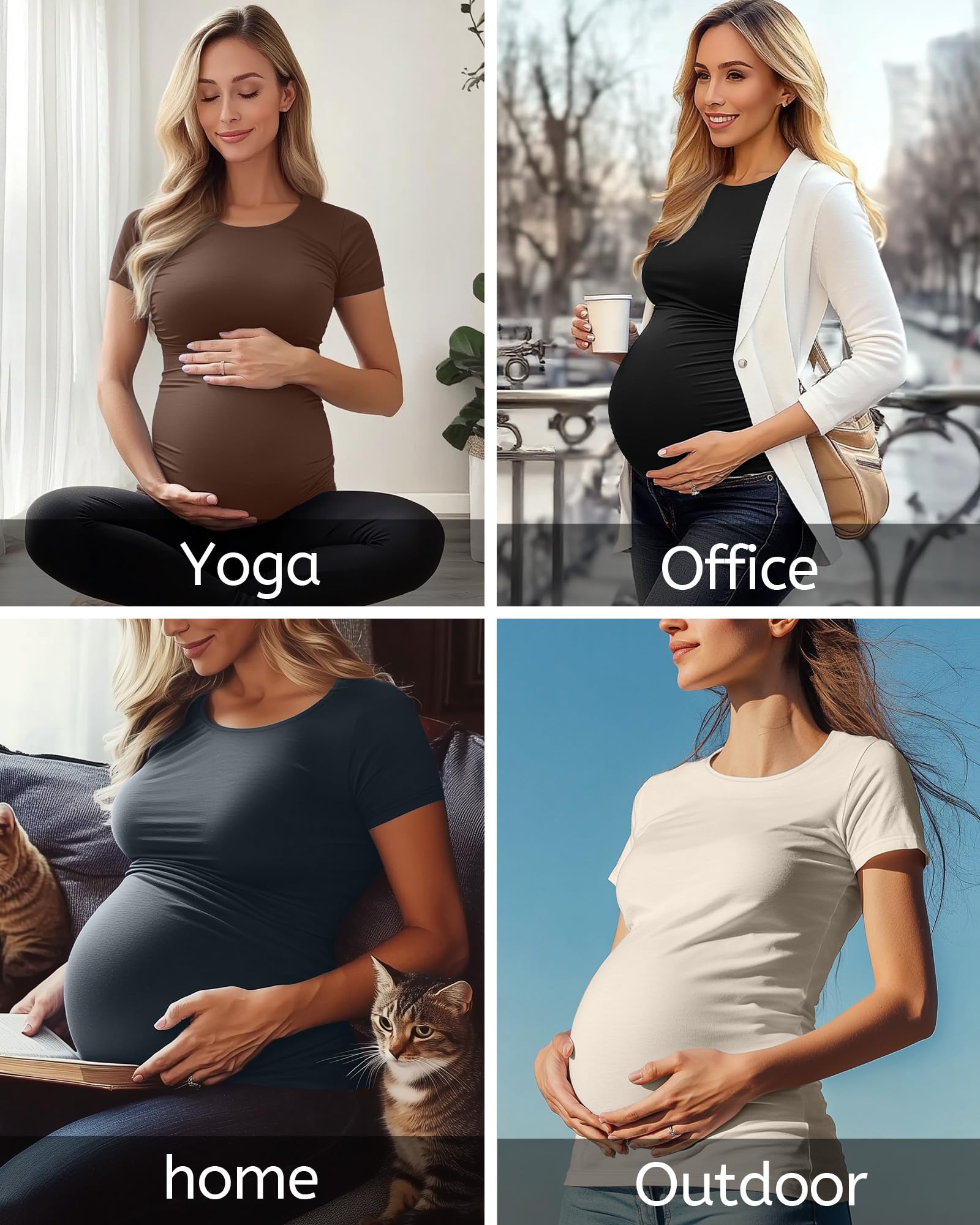 Huukeay 4 Pack Women's Short Sleeve Maternity Tops, 4-Color, Large