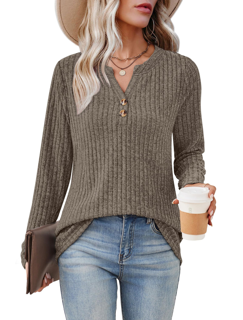 Sampeel Sweaters for Women Fall Clothes Fashion 2025 Business Casual Outfits Long Sleeve Tops Dressy Casual Blouses Brown XL
