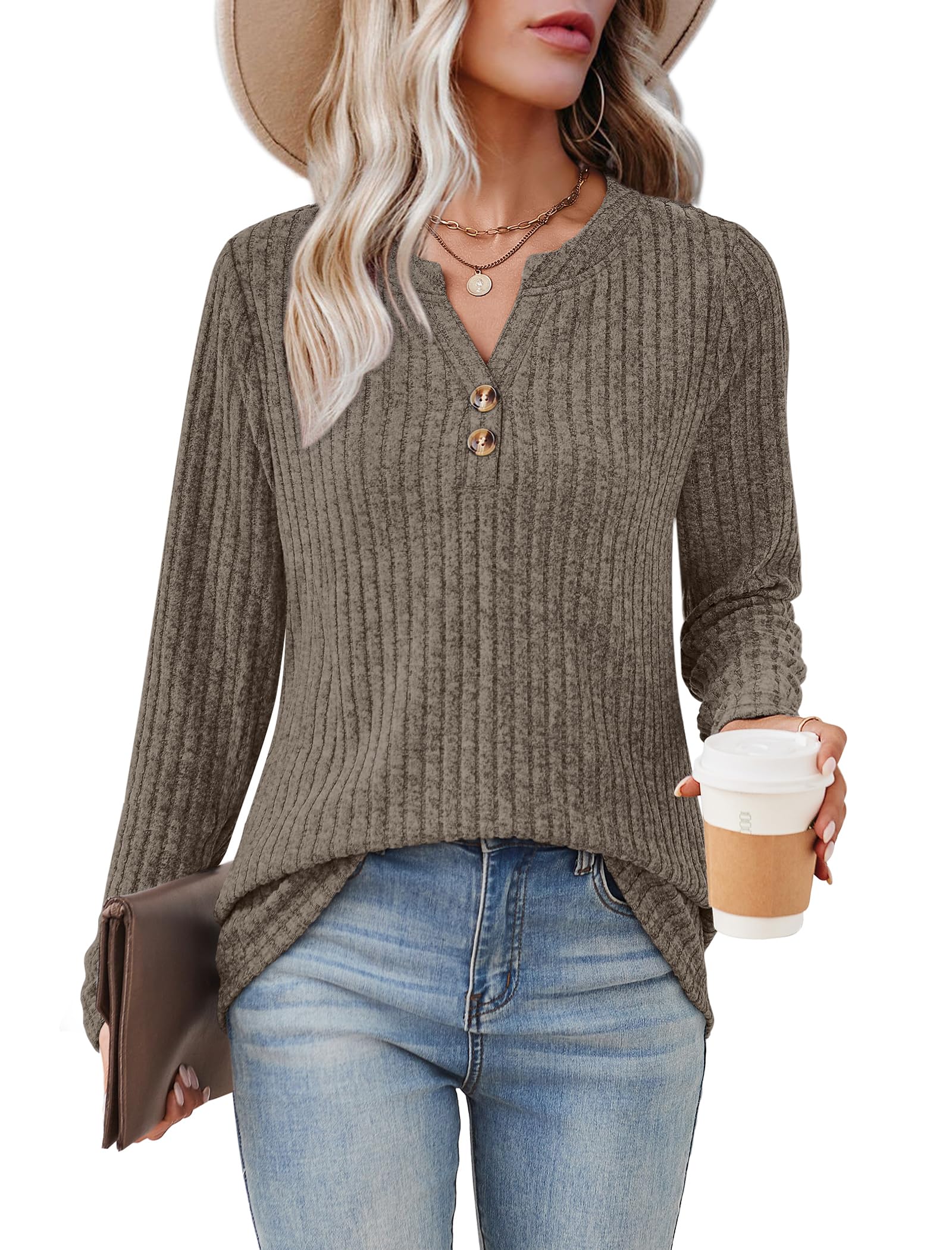 Sampeel Sweaters for Women Fall Clothes Fashion 2025 Business Casual Outfits Long Sleeve Tops Dressy Casual Blouses Brown XL