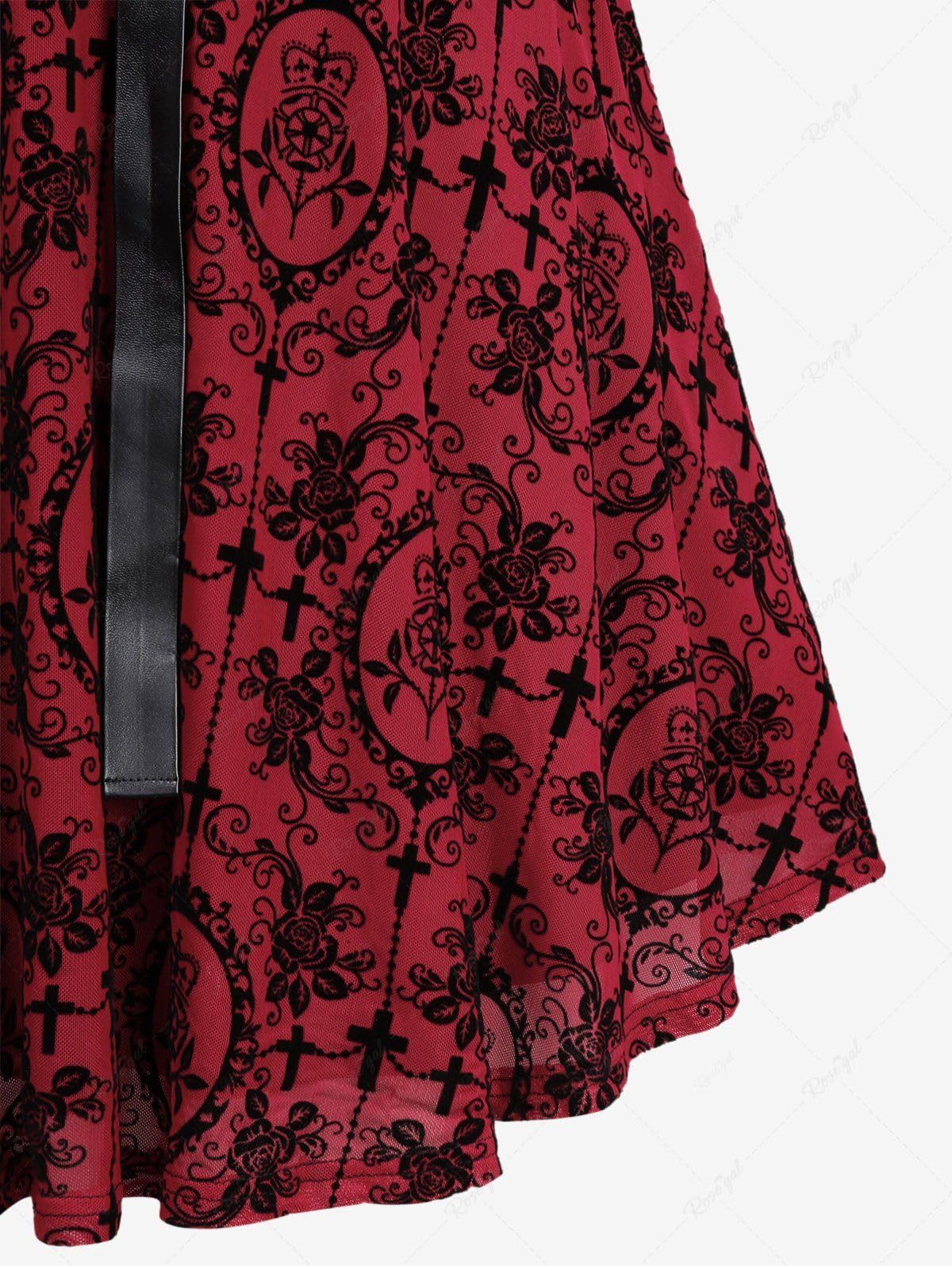 ROSE GAL Women Plus Size Gothic Lace-up PU Leather Patchwork Flocking Midi Dress Buckles Lace Trim Vintage Goth Midi Dress(Red_2/1X)