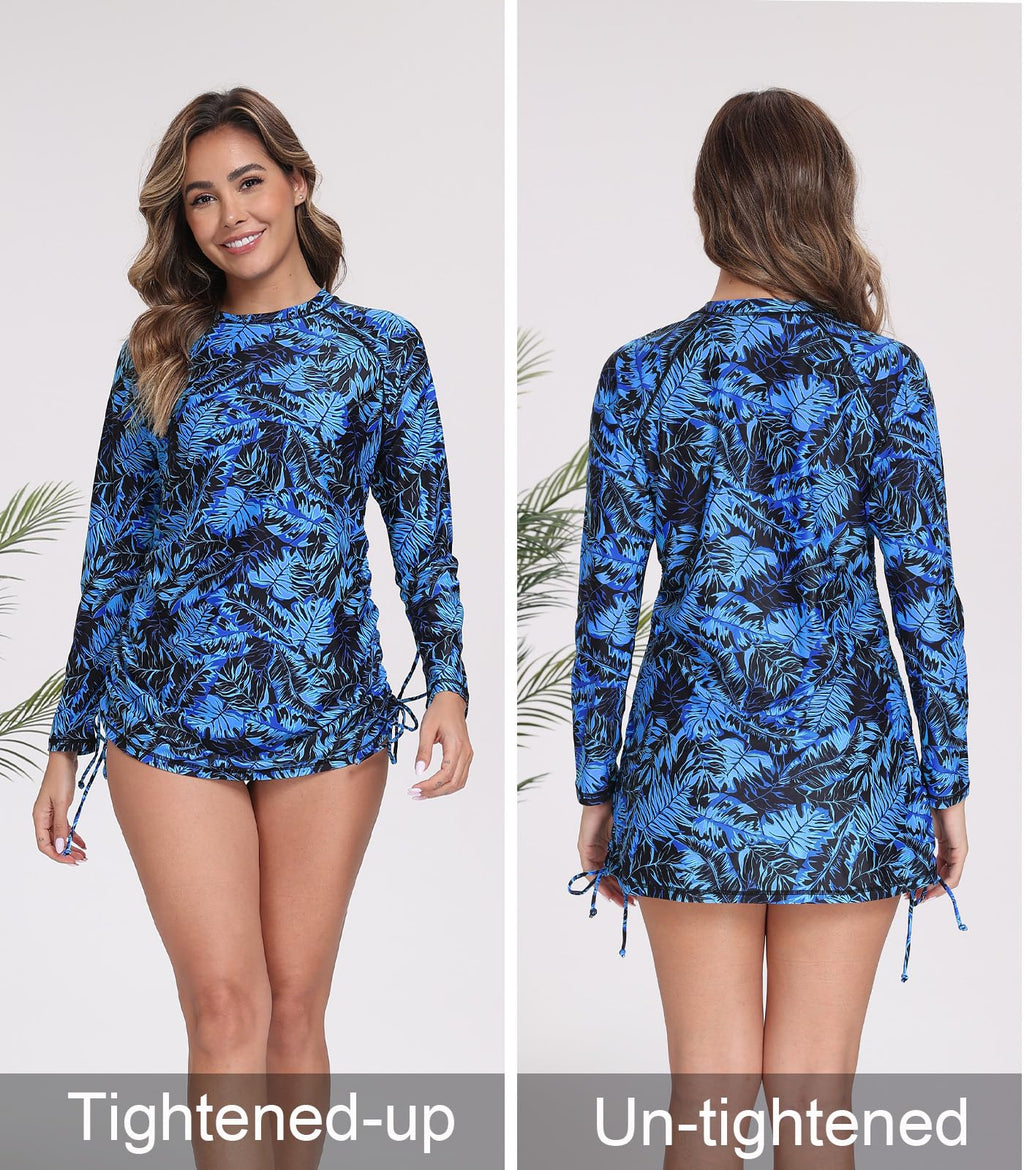 Halcurt Women's Long Sleeve Rash Guard Swim Shirt with Tie Drawstring UPF 50+ Sun Protection Swimsuit Top Black Turquoise Leaves M