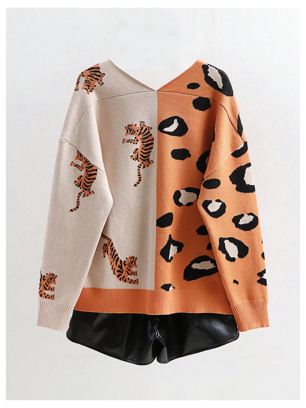WDIRARA Women's Leopard Tiger Print Cardigan V Neck Long Sleeve Color Block Button Down Sweater Outwear Orange Medium