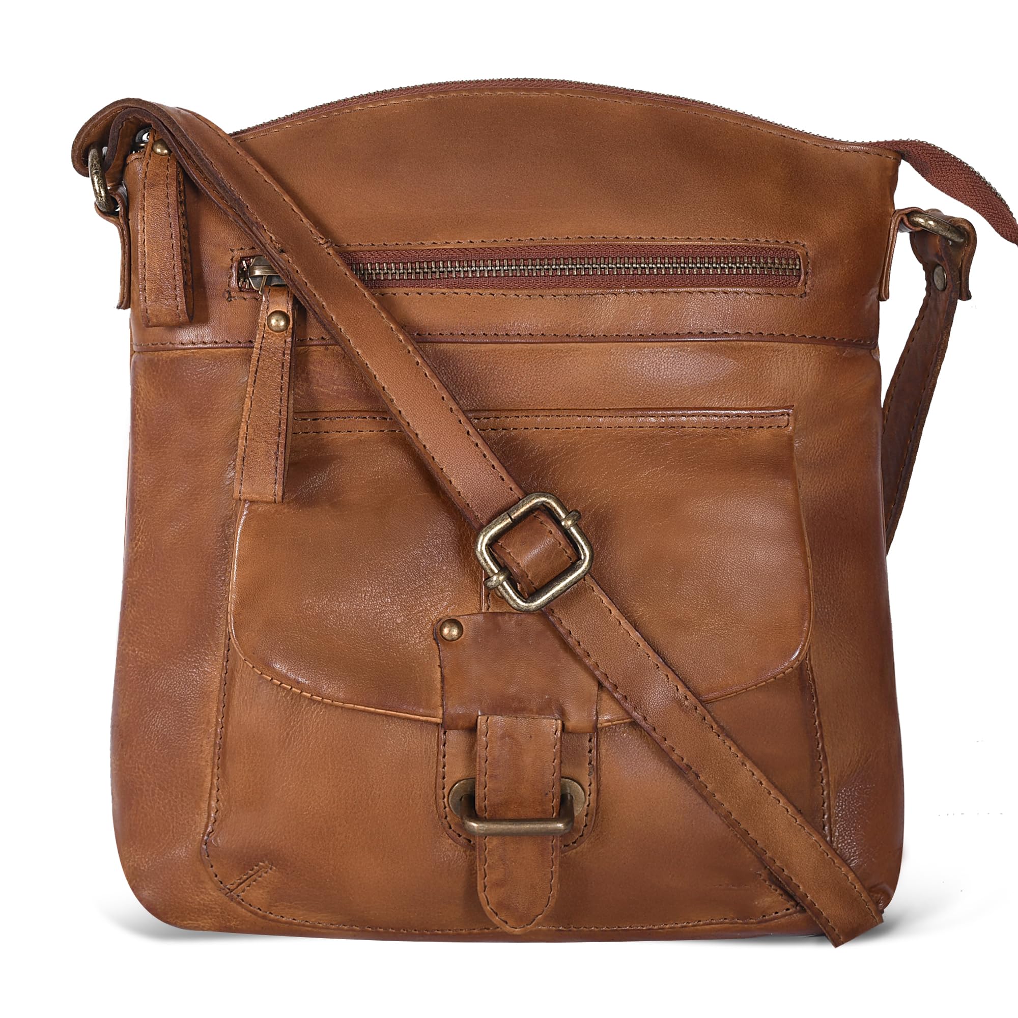 Oak Leathers Leather Crossbody Bag For Women With Adjustable Sling Strap - Medium Size Crossover Shoulder Handbag Purse (Tan Wash)